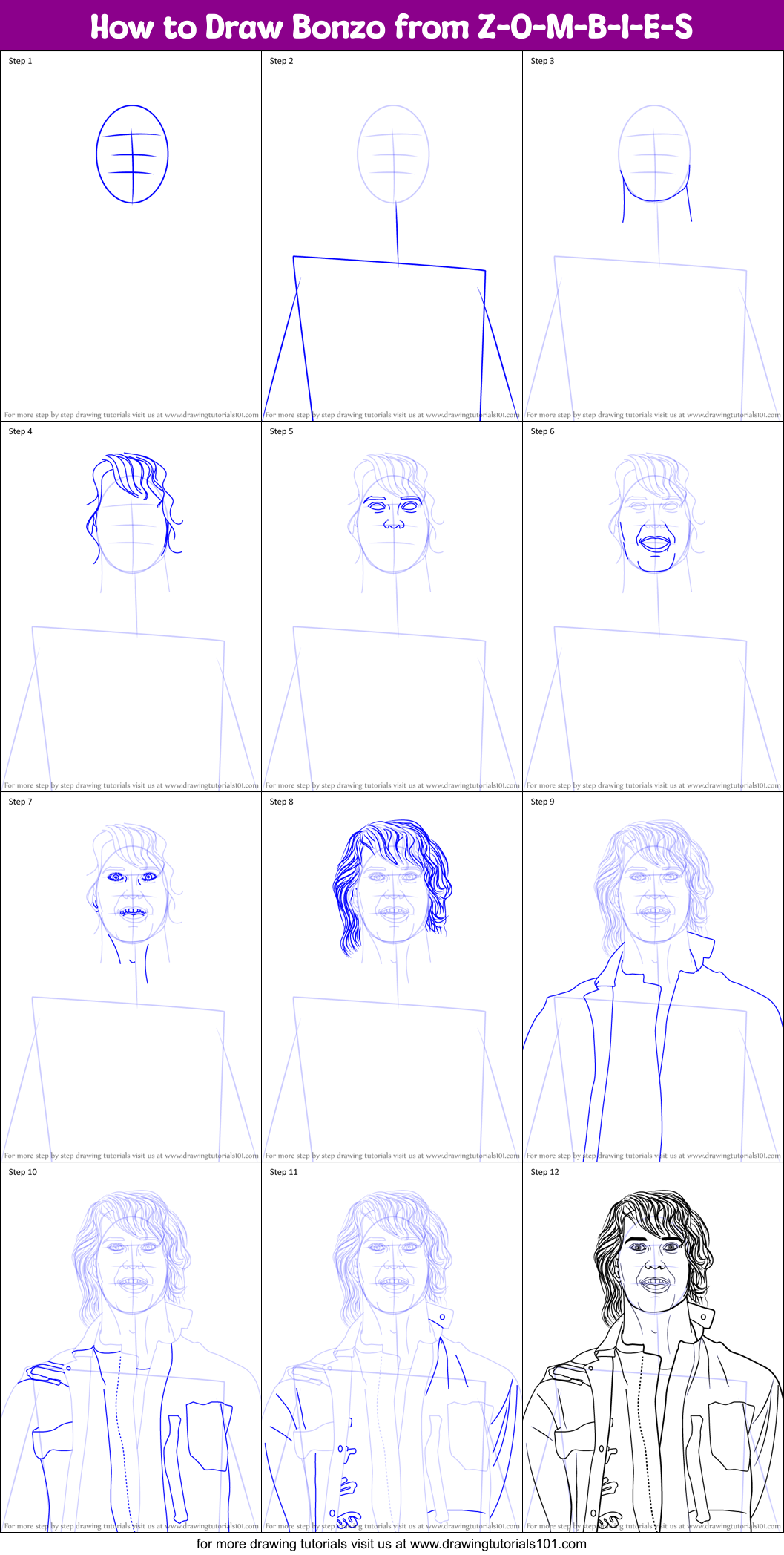 How to Draw Bonzo from Z-O-M-B-I-E-S Printable Step by Step