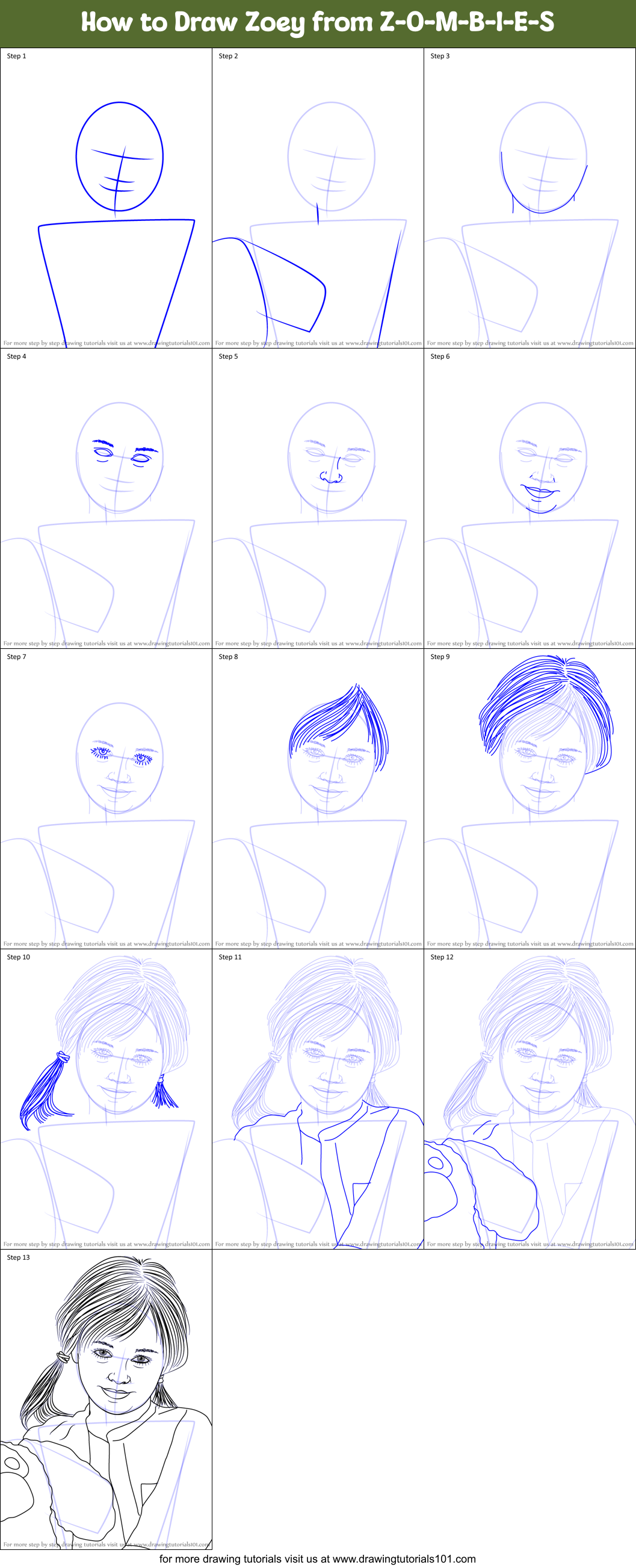 How to Draw Zoey from Z-O-M-B-I-E-S Printable Step by Step