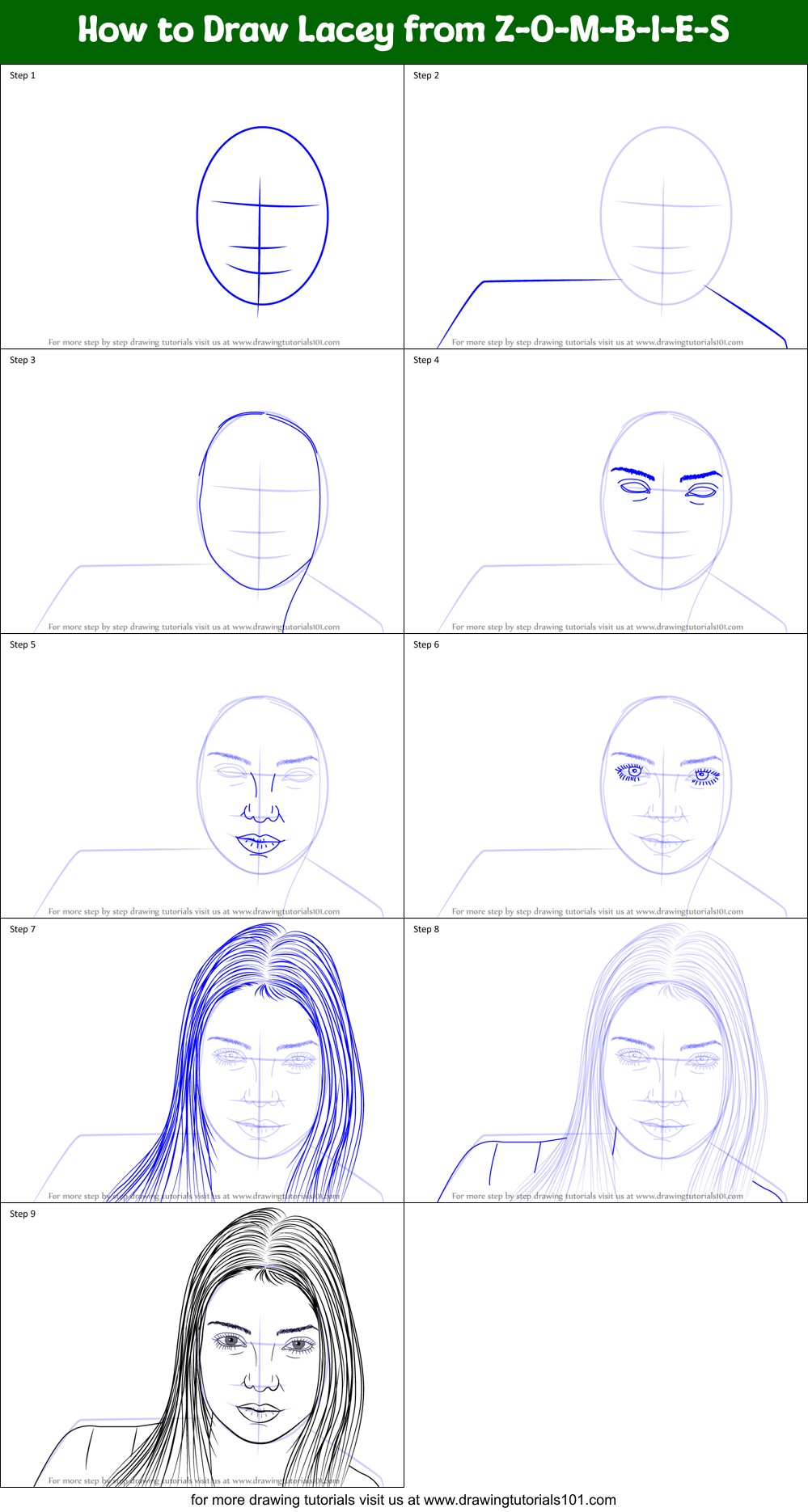 How to Draw Lacey from Z-O-M-B-I-E-S Printable Step by Step