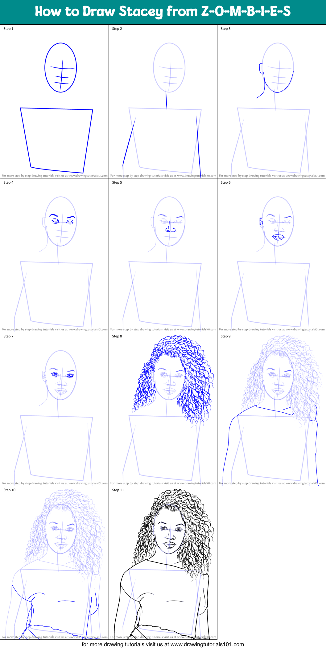 How to Draw Stacey from Z-O-M-B-I-E-S Printable Step by Step