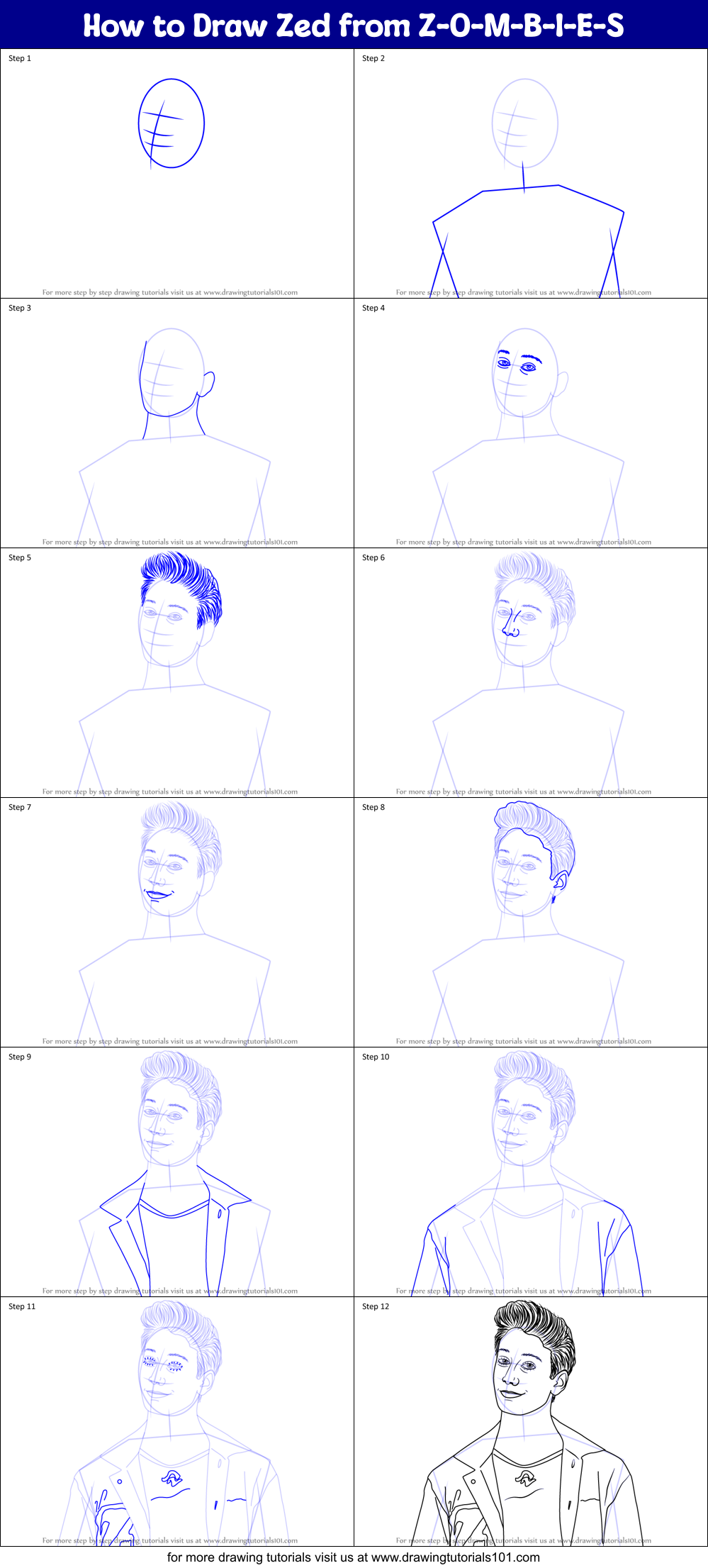 How to Draw Zed from Z-O-M-B-I-E-S Printable Step by Step