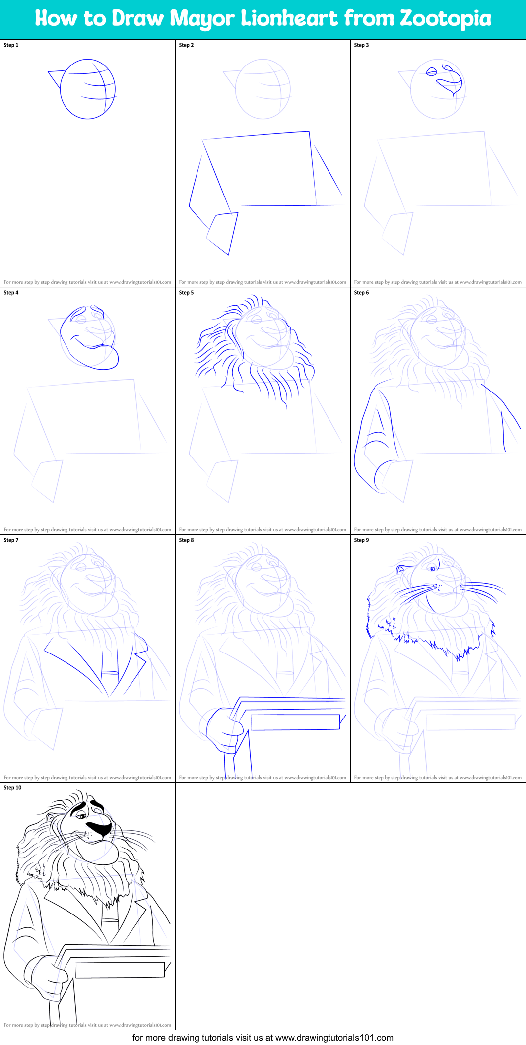 How to Draw Mayor Lionheart from Zootopia Printable Step by Step