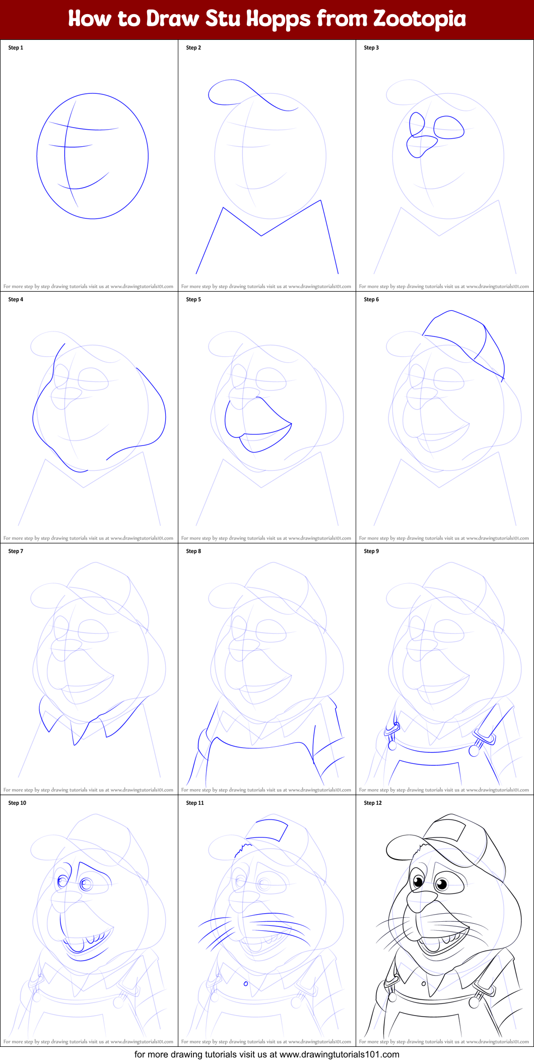 How to Draw Stu Hopps from Zootopia Printable Step by Step