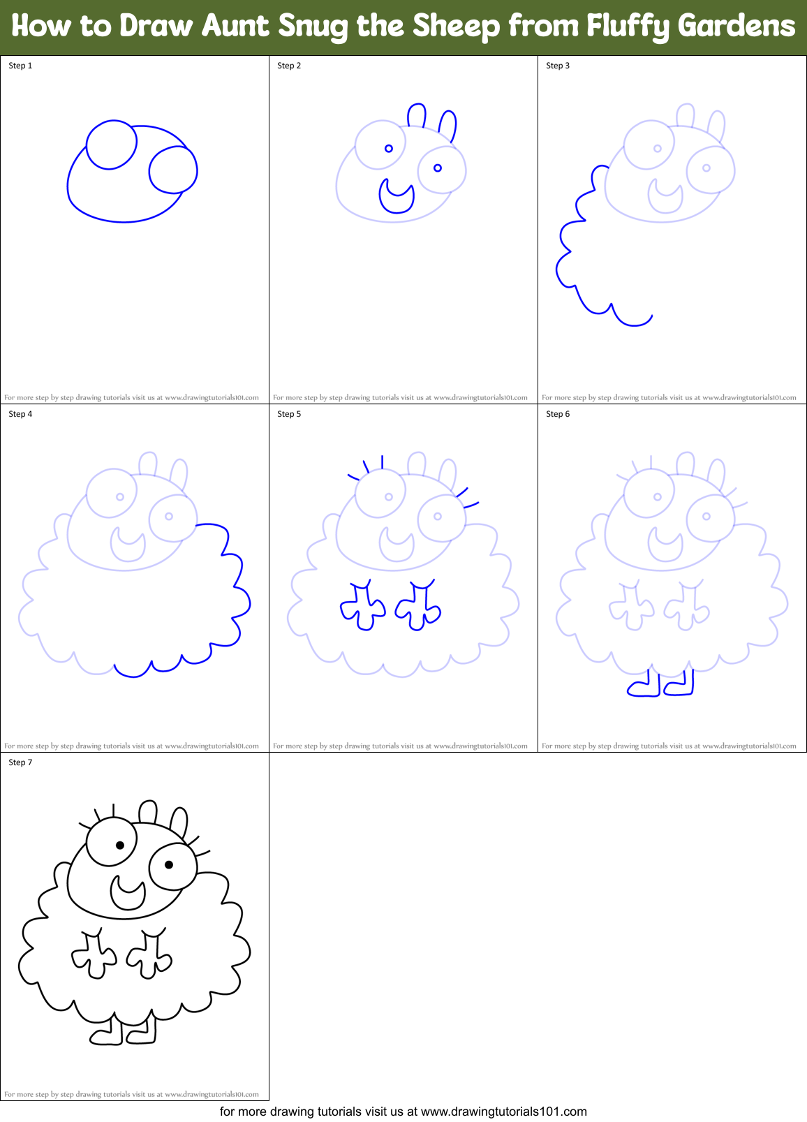 How to Draw Aunt Snug the Sheep from Fluffy Gardens Printable Step by Step