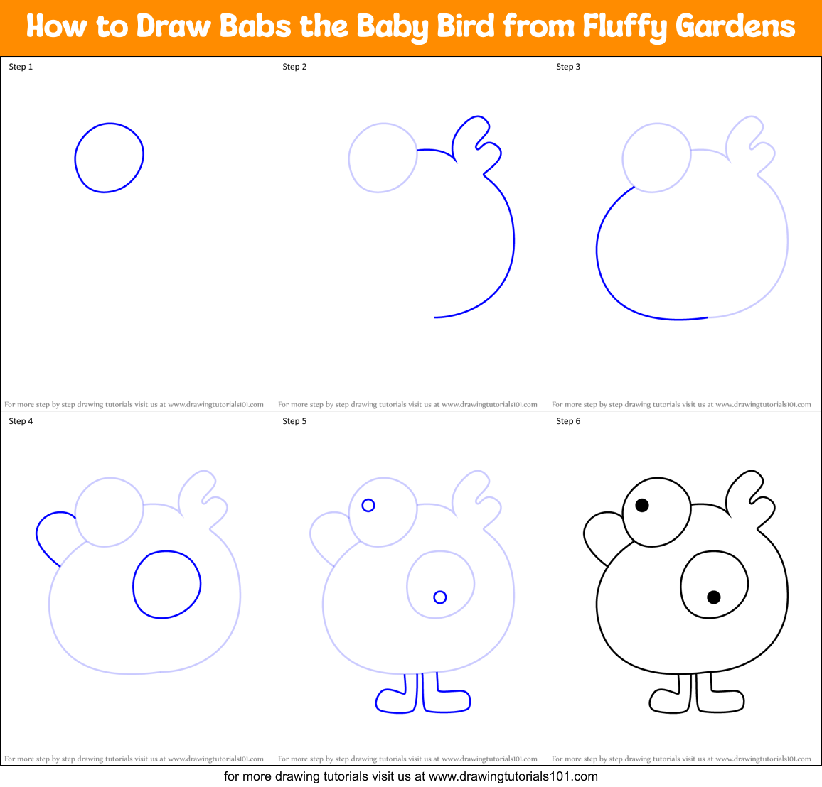 How to Draw Babs the Baby Bird from Fluffy Gardens Printable Step by Step