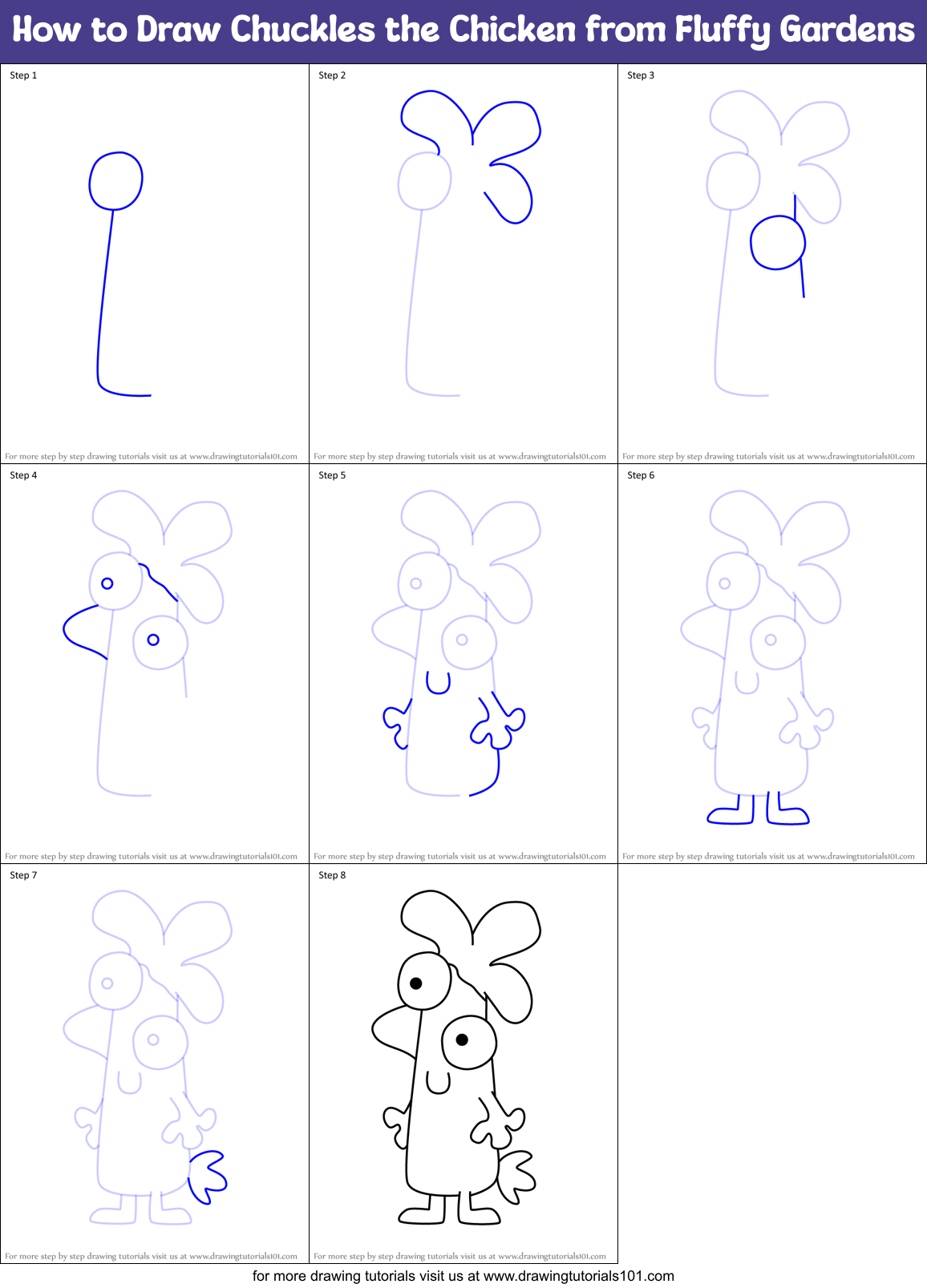 How to Draw Chuckles the Chicken from Fluffy Gardens Printable Step by Step