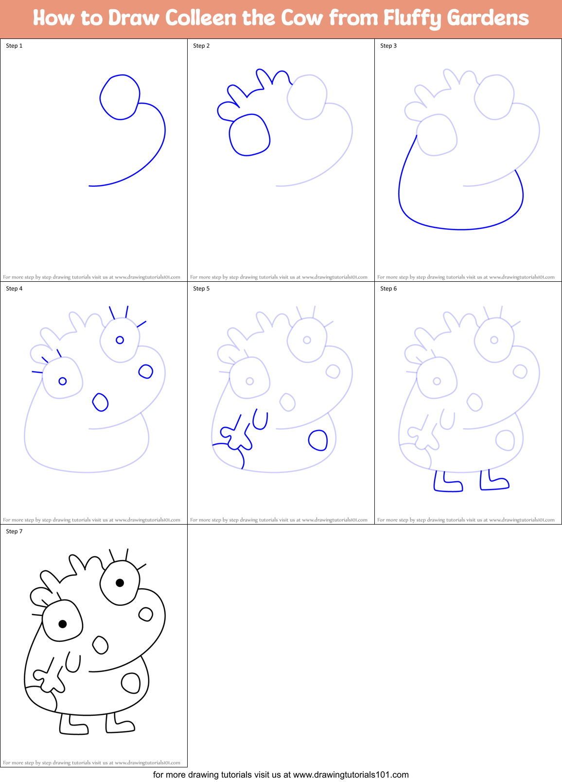 How to Draw Colleen the Cow from Fluffy Gardens Printable Step by Step