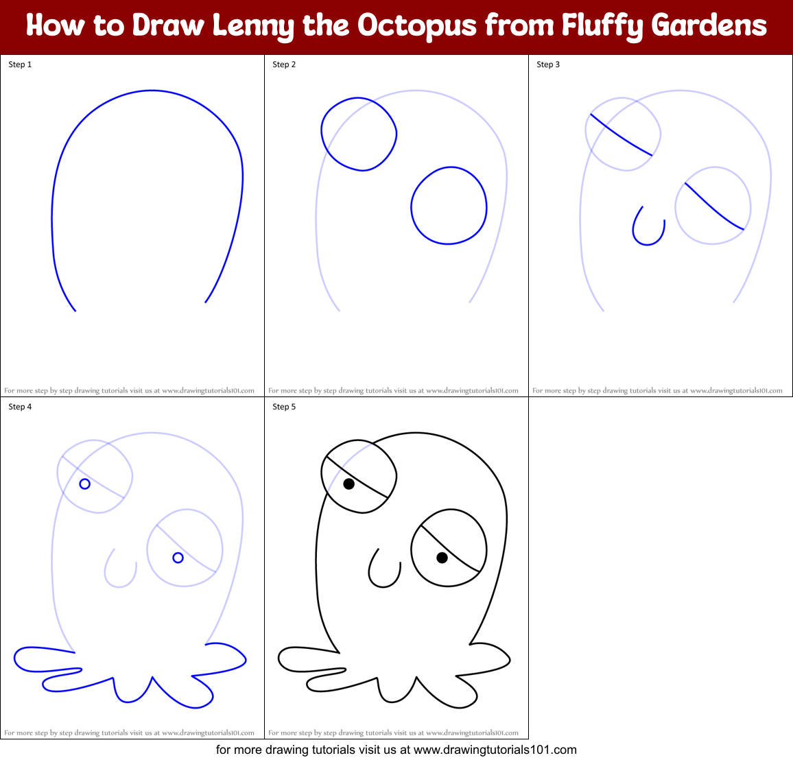 How to Draw Lenny the Octopus from Fluffy Gardens Printable Step by Step