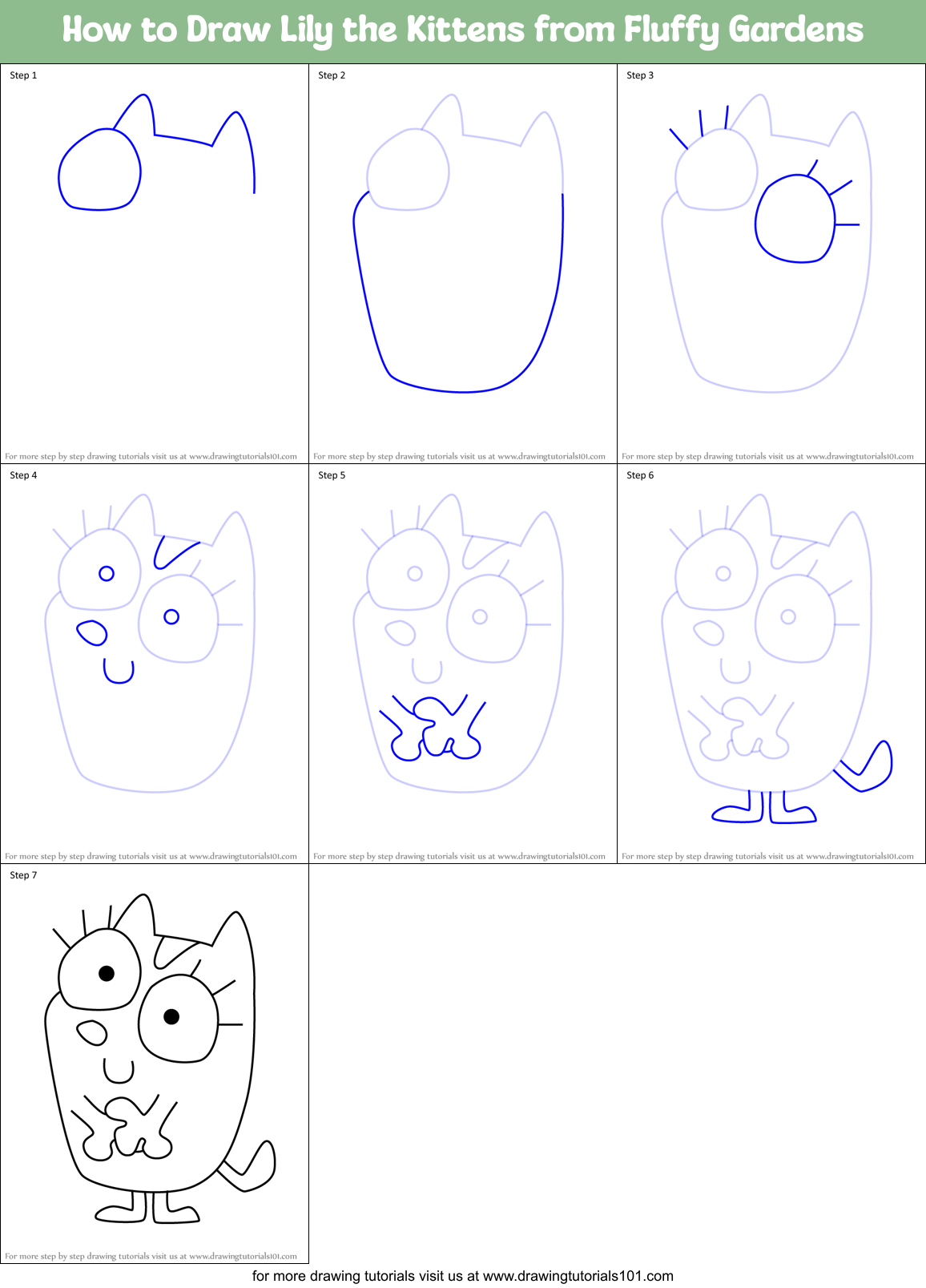 How to Draw Lily the Kittens from Fluffy Gardens Printable Step by Step