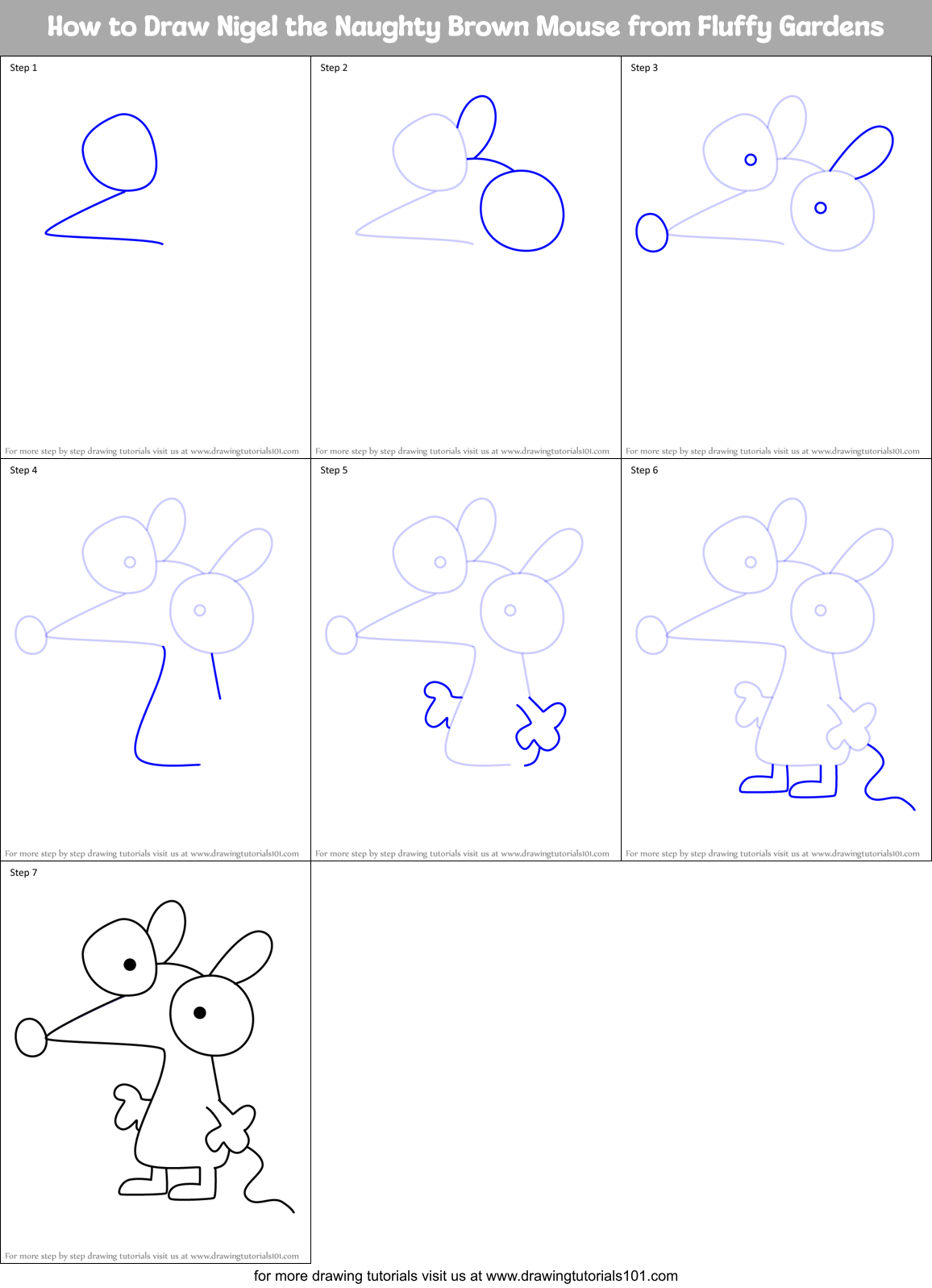 How to Draw Nigel the Naughty Brown Mouse from Fluffy Gardens Printable Step by Step