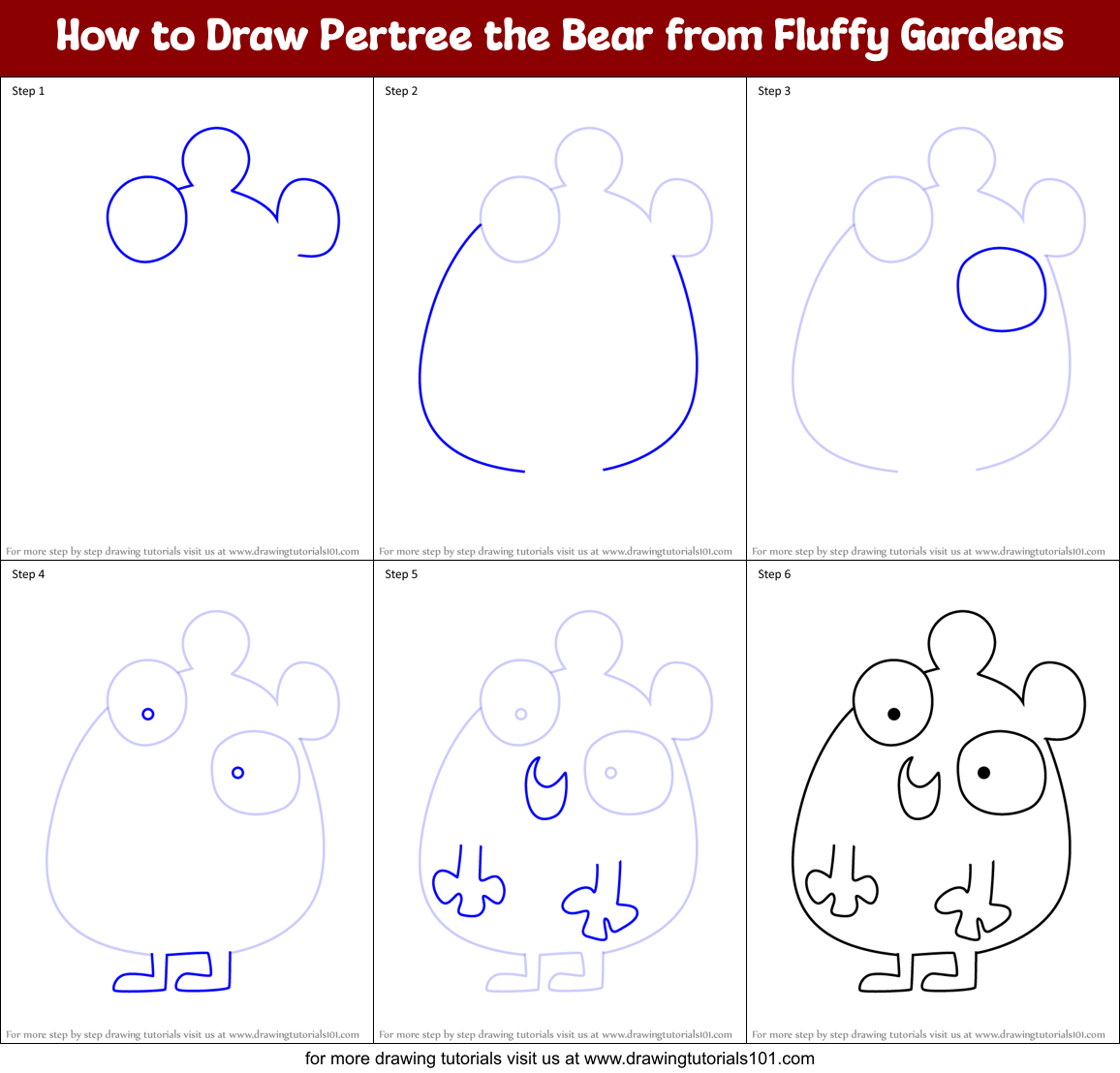 How to Draw Pertree the Bear from Fluffy Gardens Printable Step by Step