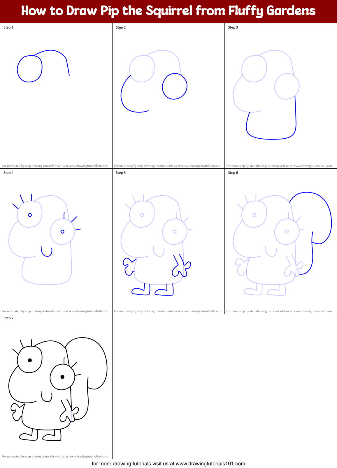 How to Draw Pip the Squirrel from Fluffy Gardens Printable Step by Step