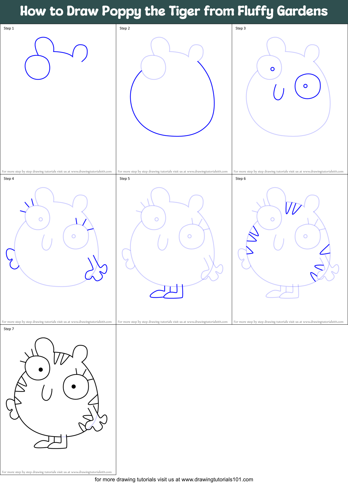 How to Draw Poppy the Tiger from Fluffy Gardens Printable Step by Step