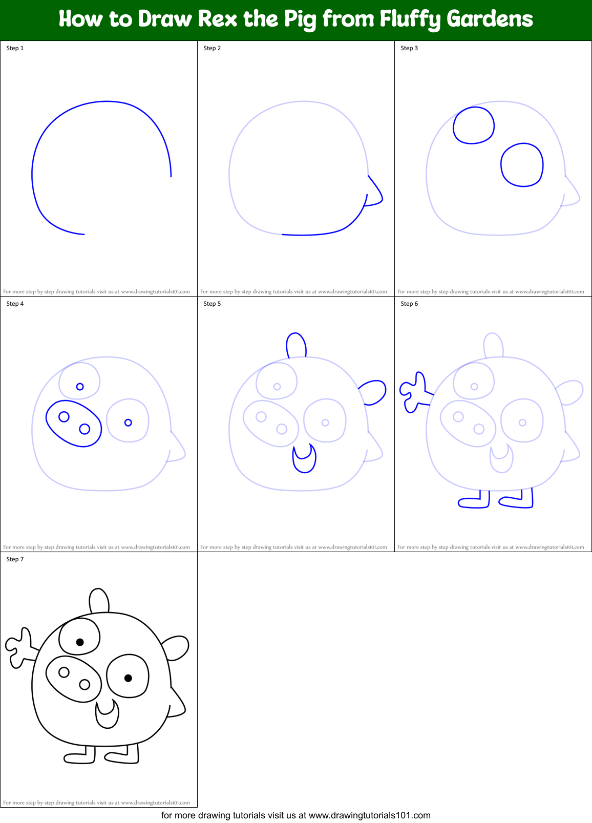 How to Draw Rex the Pig from Fluffy Gardens Printable Step by Step