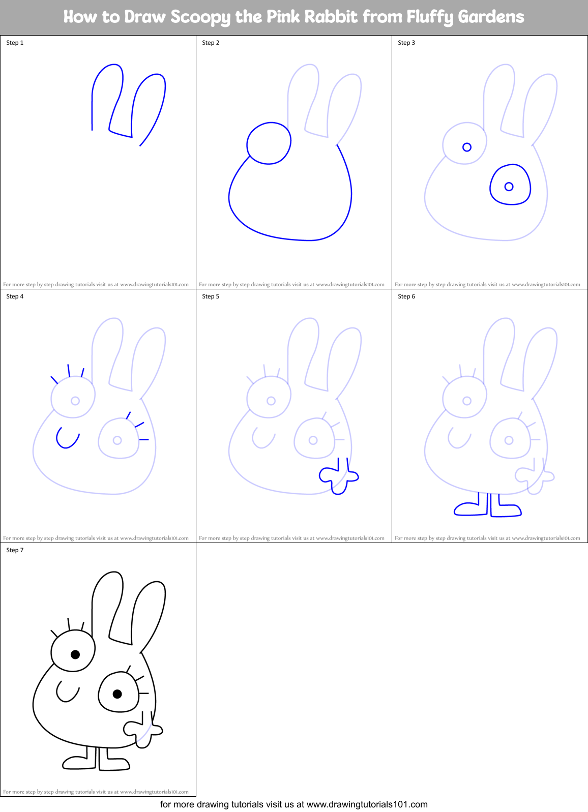 How to Draw Scoopy the Pink Rabbit from Fluffy Gardens Printable Step by Step