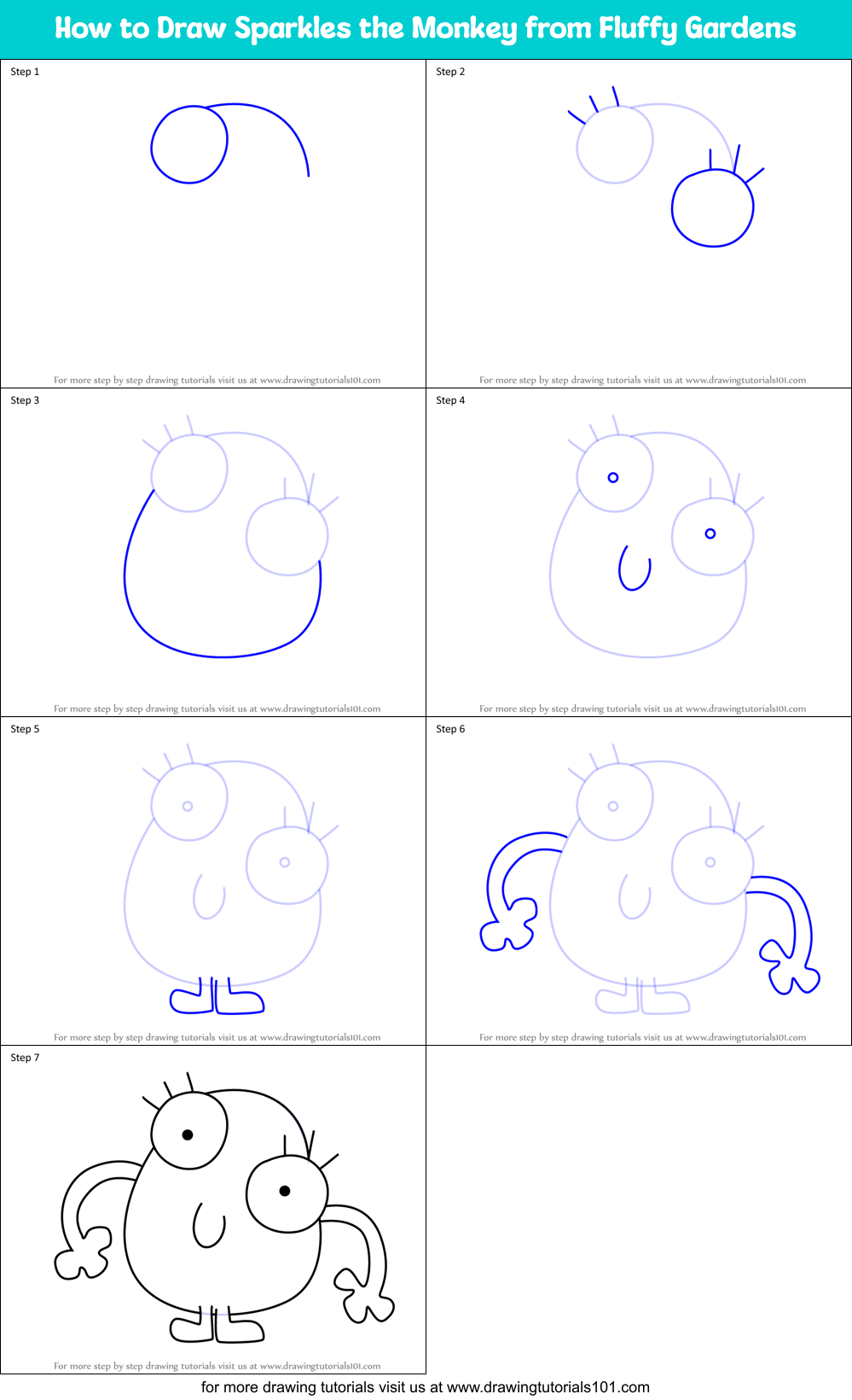 How to Draw Sparkles the Monkey from Fluffy Gardens Printable Step by Step
