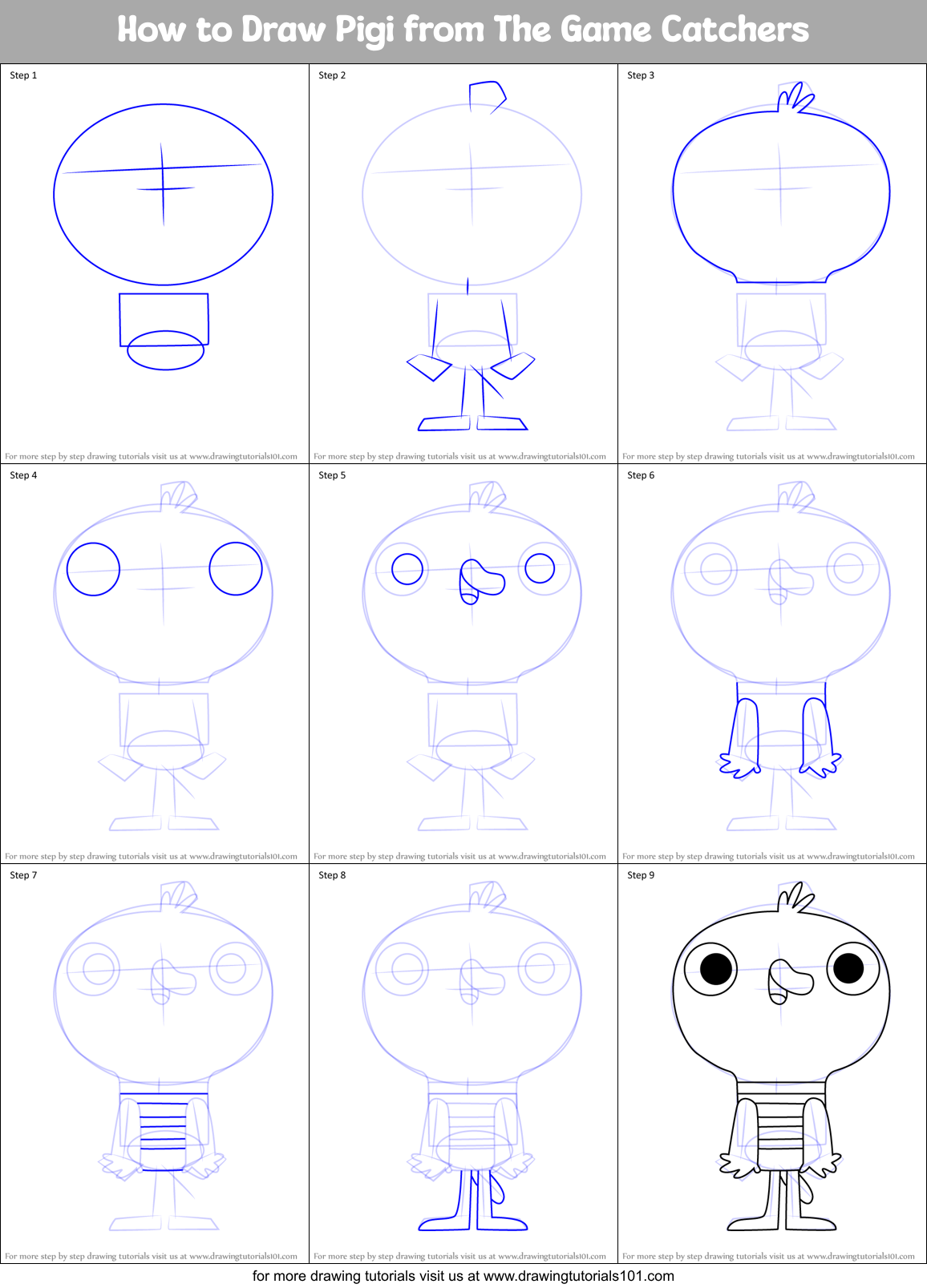 How to Draw Pigi from The Game Catchers Printable Step by Step