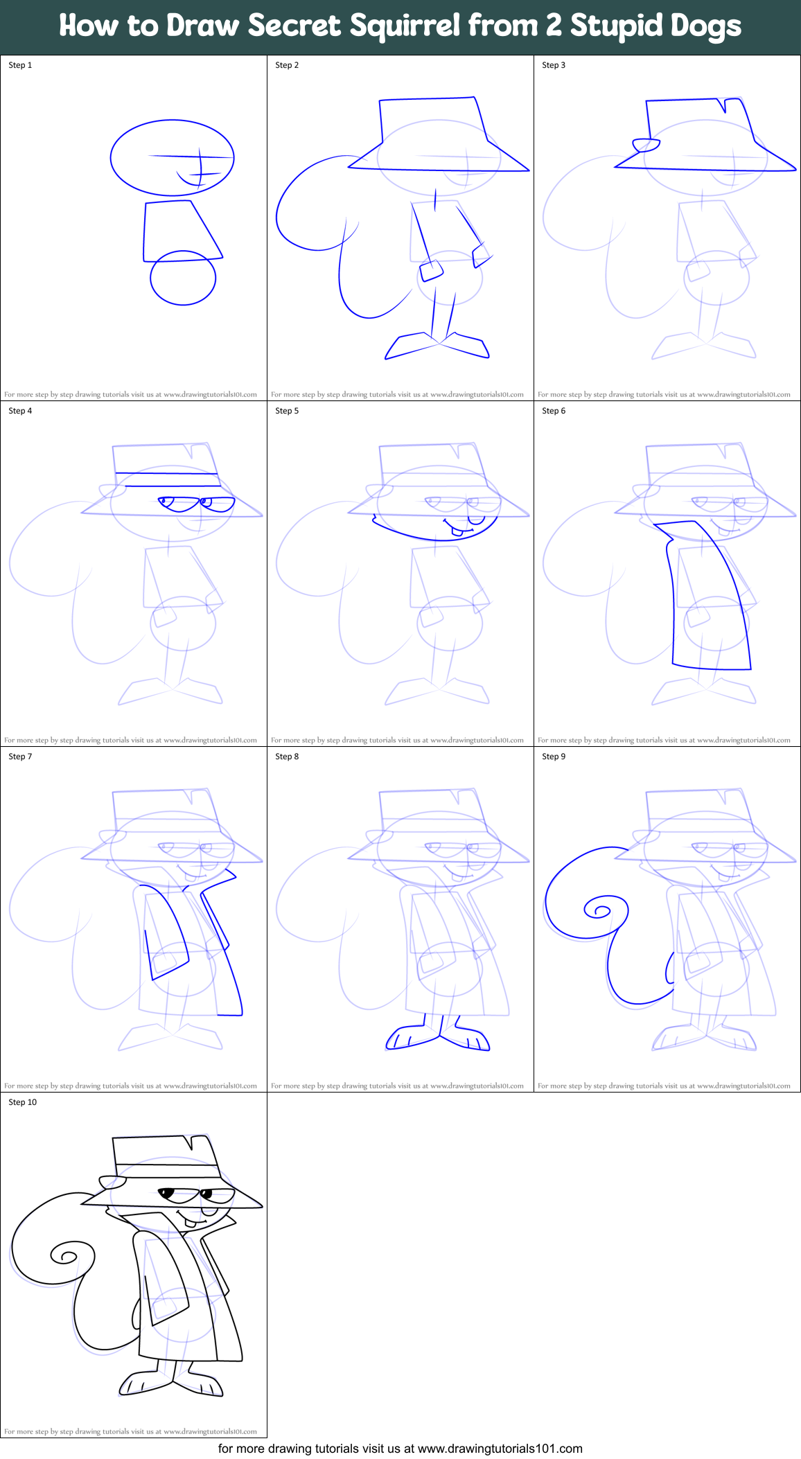 How to Draw Secret Squirrel from 2 Stupid Dogs Printable Step by Step