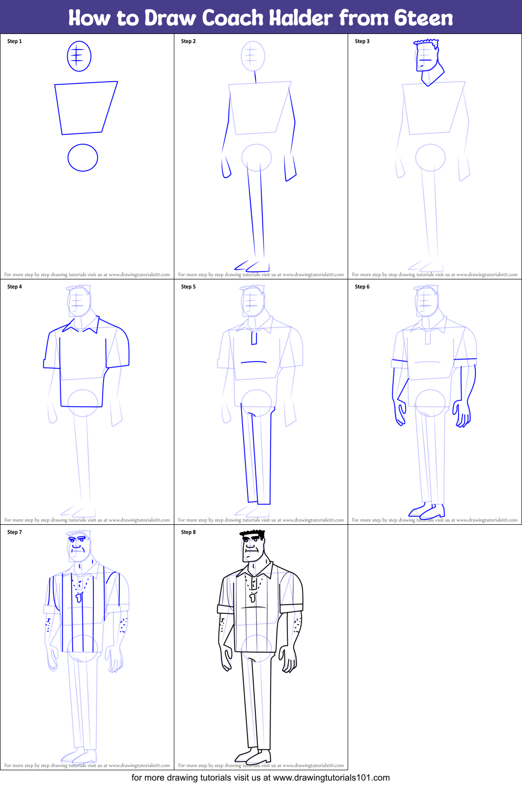 How to Draw Coach Halder from 6teen Printable Step by Step