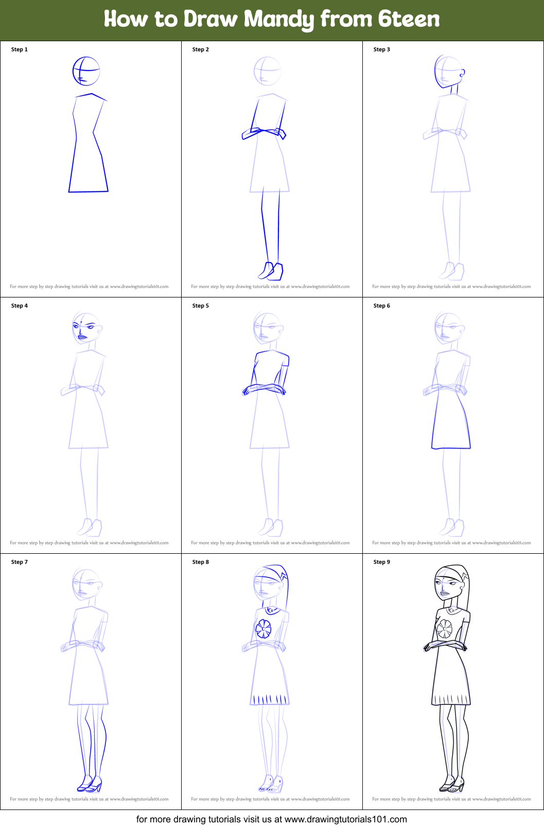 How to Draw Mandy from 6teen Printable Step by Step