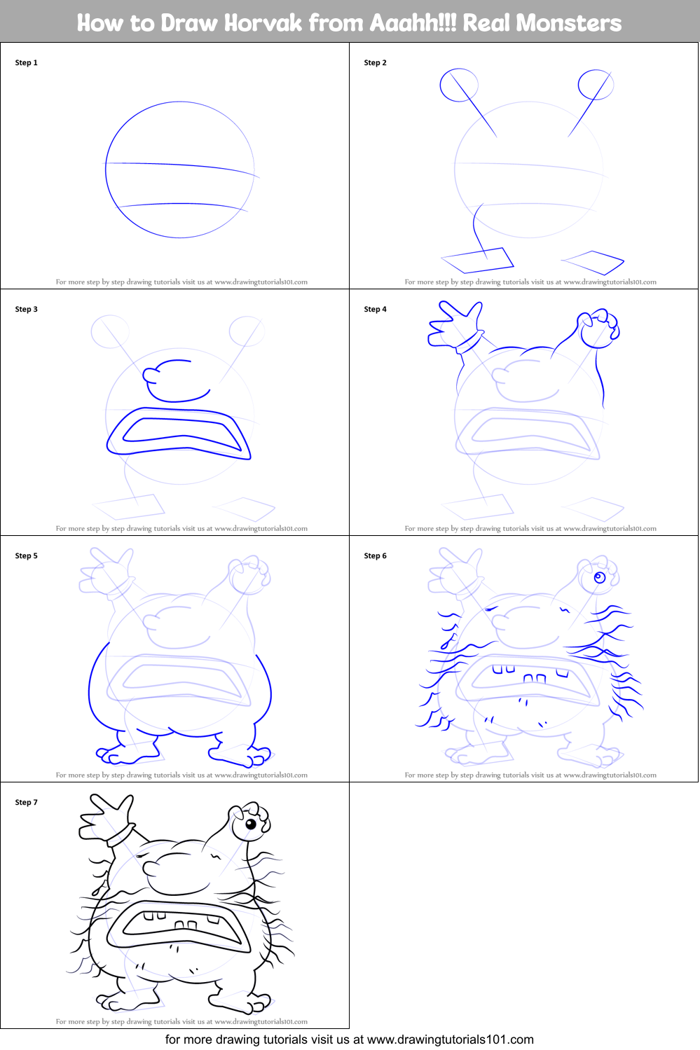 How to Draw Horvak from Aaahh!!! Real Monsters Printable Step by Step