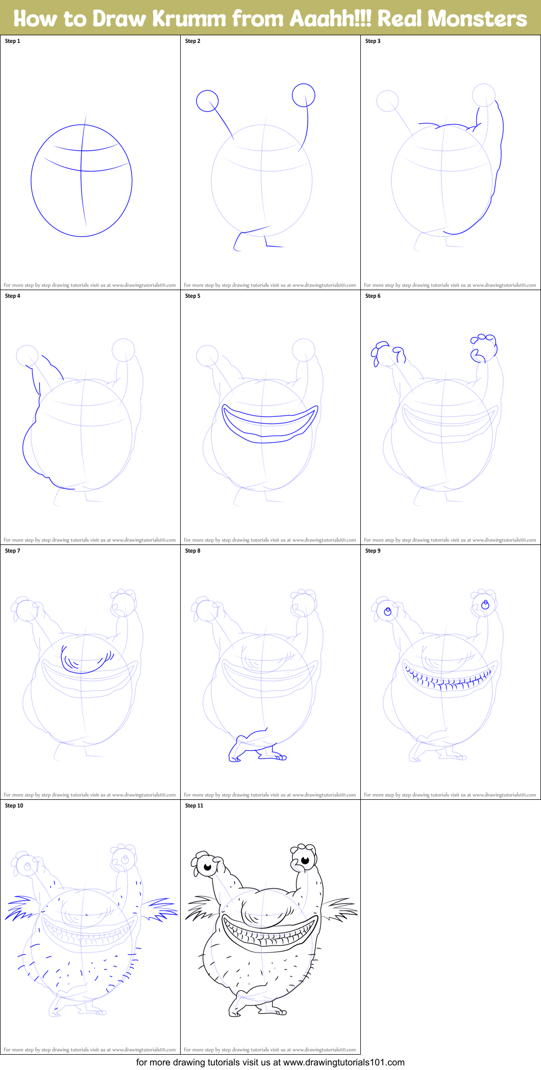 How to Draw Krumm from Aaahh!!! Real Monsters Printable Step by Step