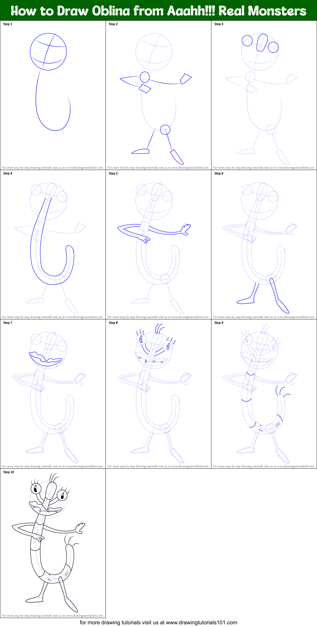 How to Draw Oblina from Aaahh!!! Real Monsters Printable Step by Step