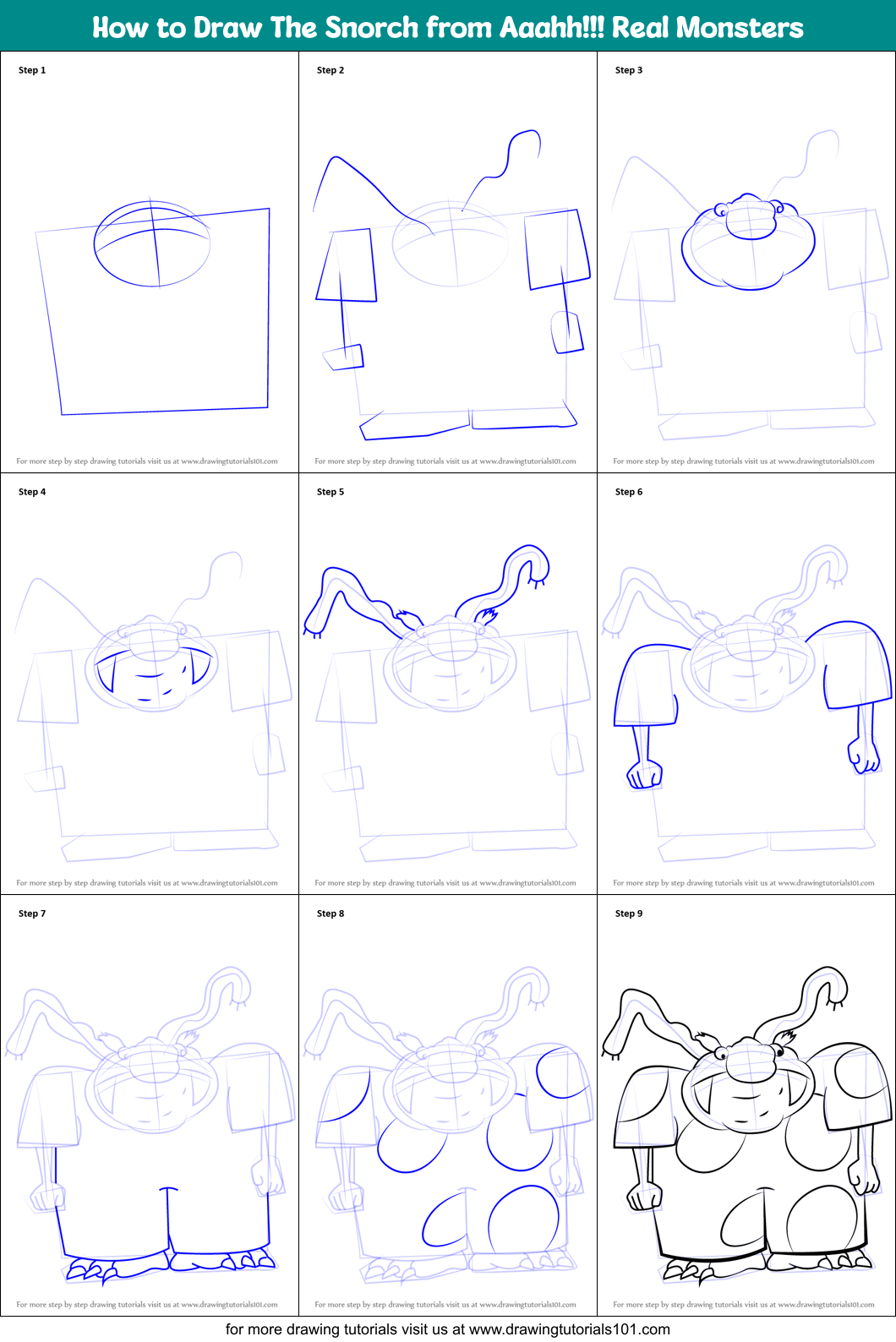 How to Draw The Snorch from Aaahh!!! Real Monsters Printable Step by Step