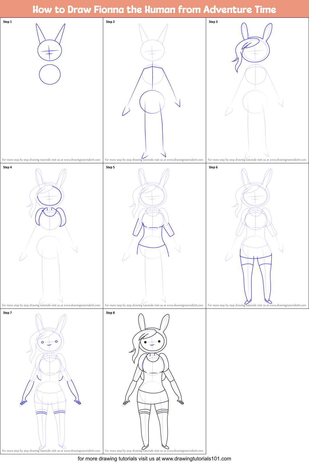 How to Draw Fionna the Human from Adventure Time Printable Step by Step
