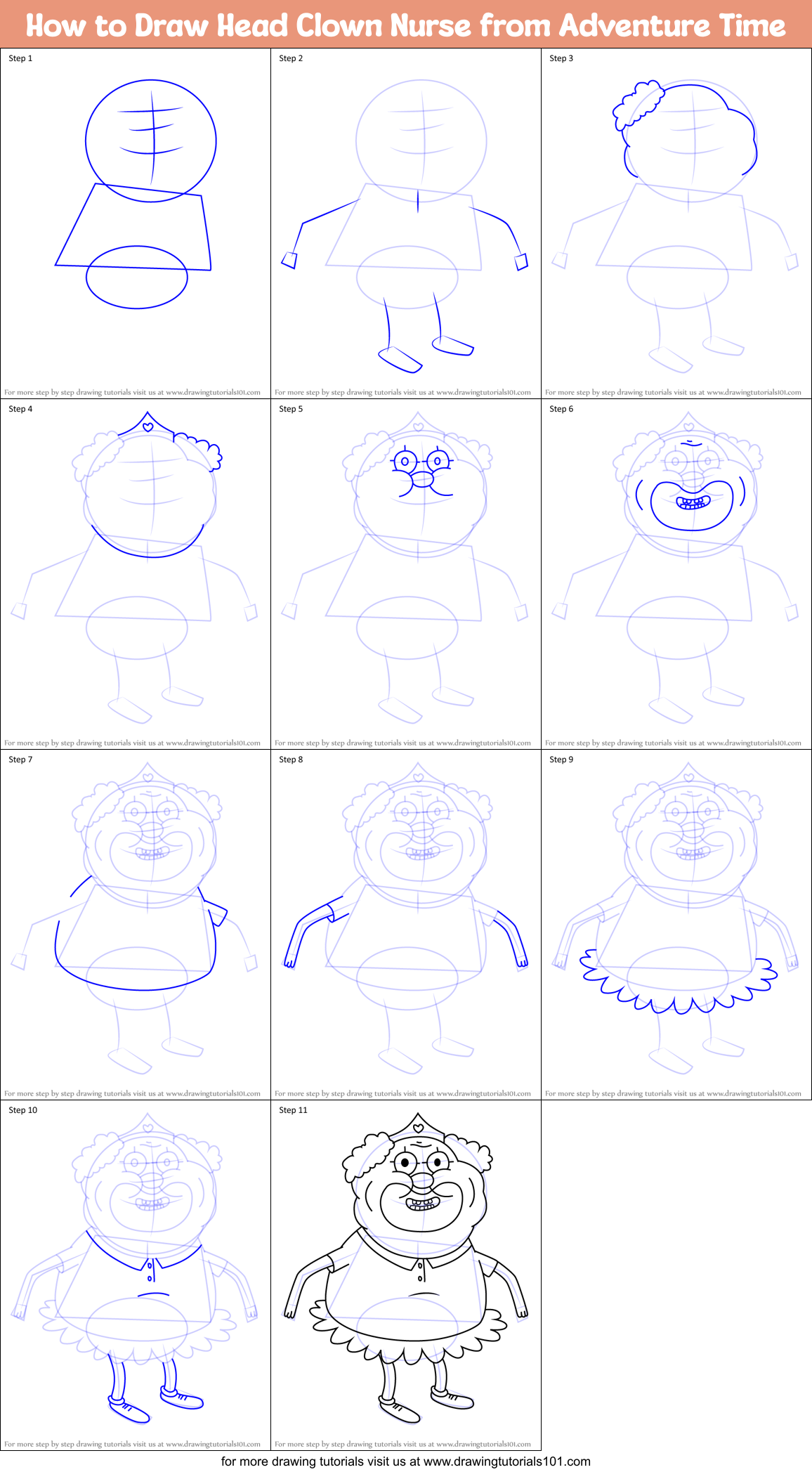 How to Draw Head Clown Nurse from Adventure Time Printable Step by Step