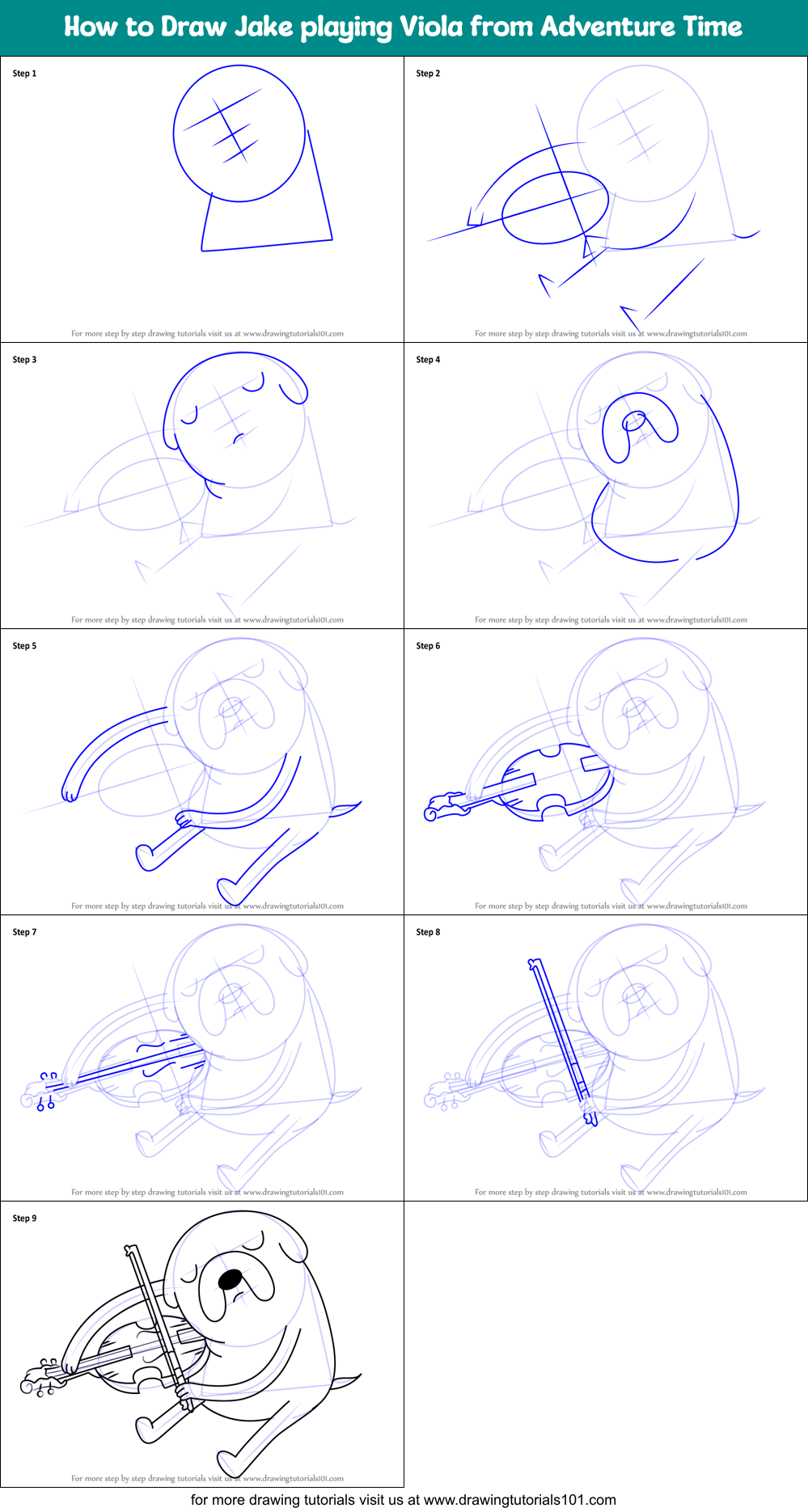 How to Draw Jake playing Viola from Adventure Time Printable Step by Step