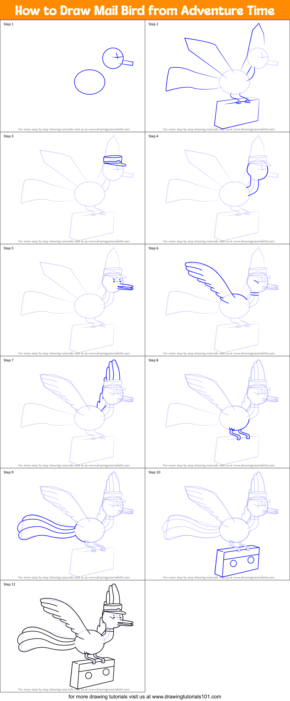 How to Draw Mail Bird from Adventure Time Printable Step by Step