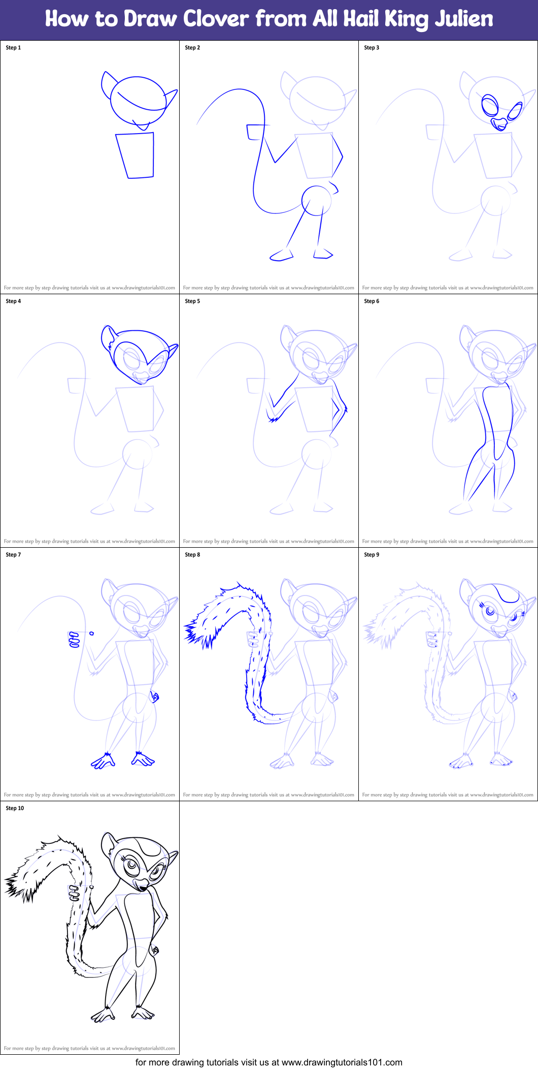 How to Draw Clover from All Hail King Julien Printable Step by Step