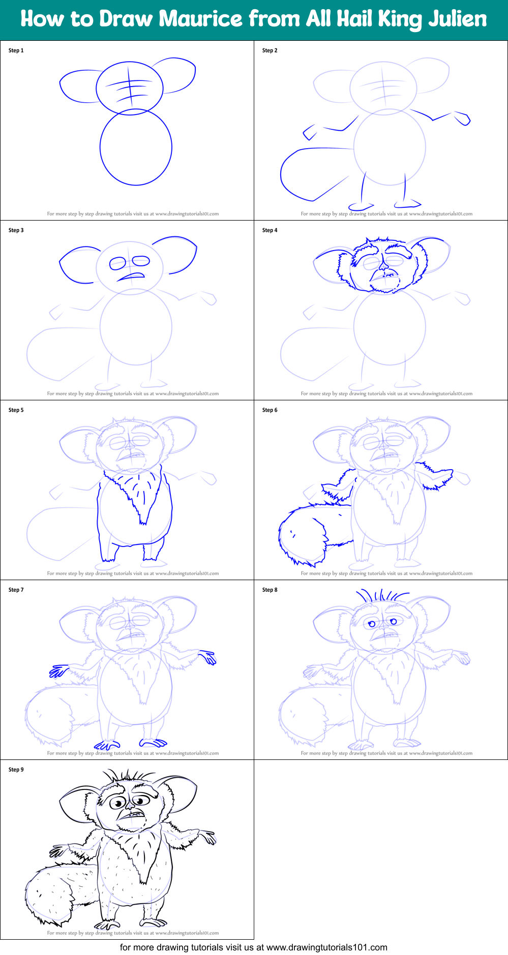 How to Draw Maurice from All Hail King Julien Printable Step by Step