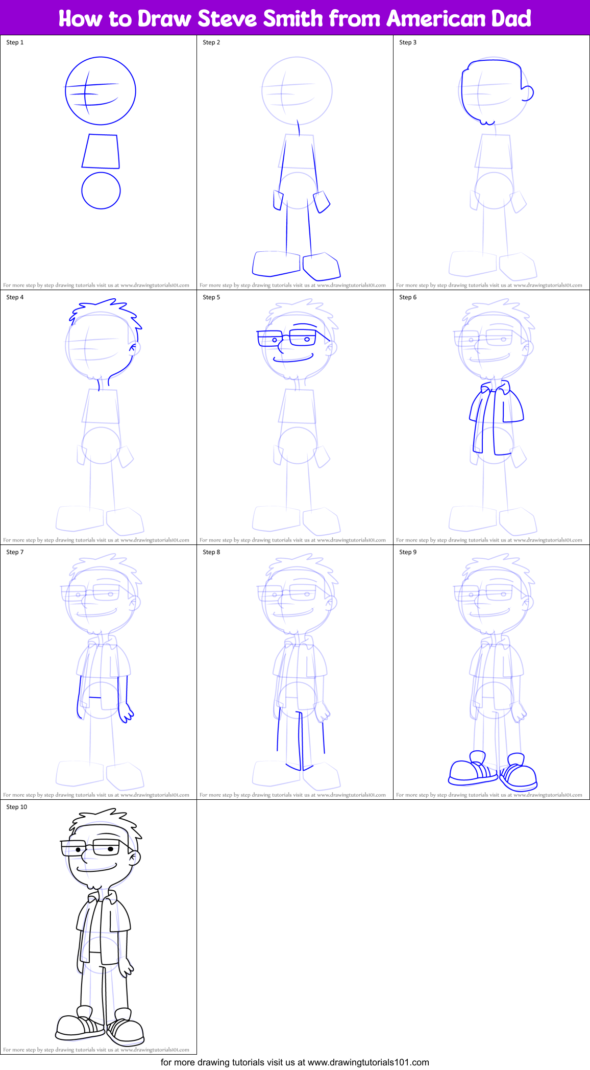 How to Draw Steve Smith from American Dad Printable Step by Step