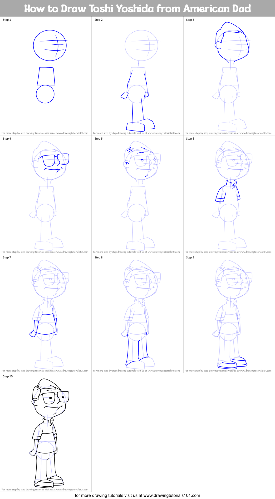 How to Draw Toshi Yoshida from American Dad Printable Step by Step