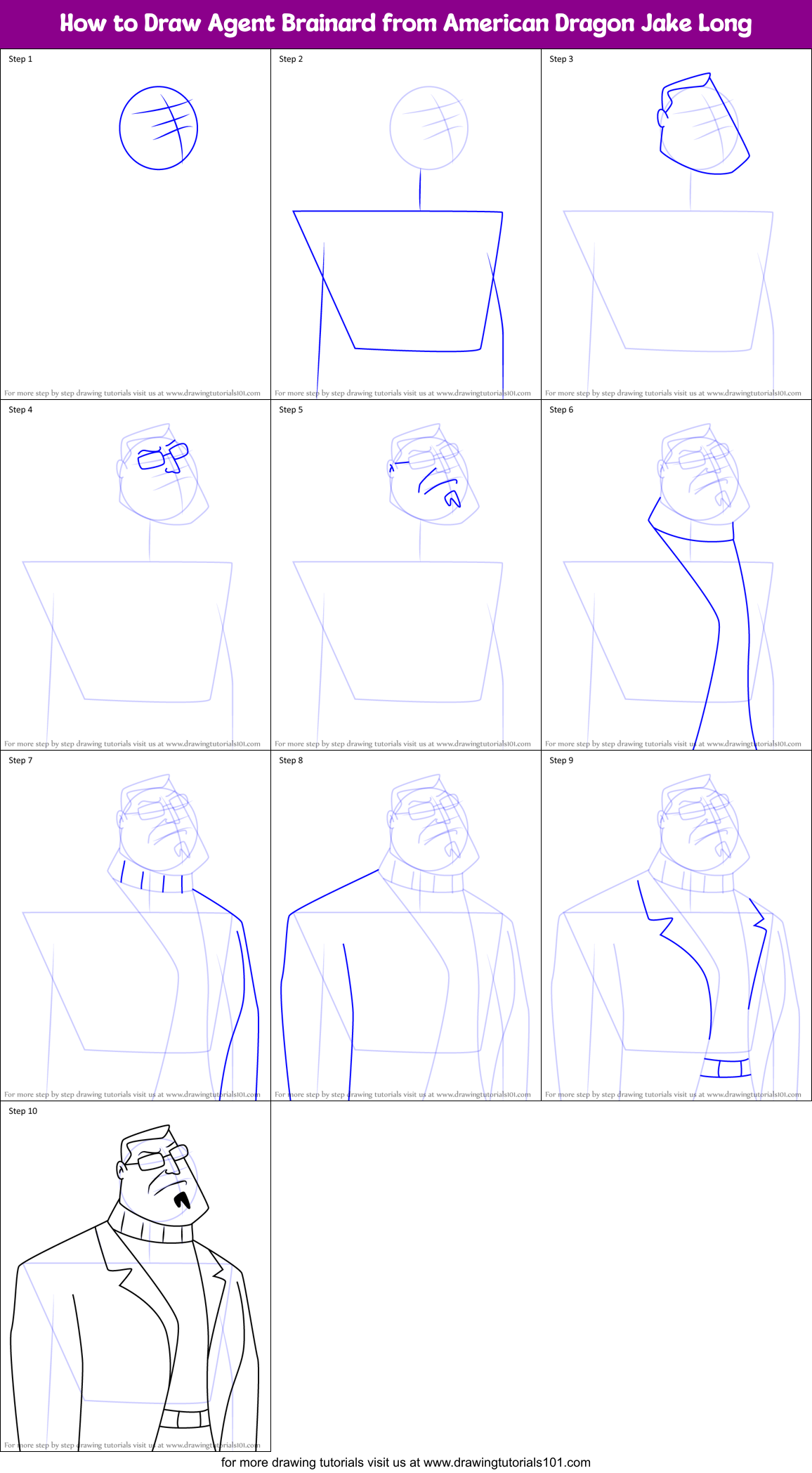 How to Draw Agent Brainard from American Dragon Jake Long Printable Step by Step
