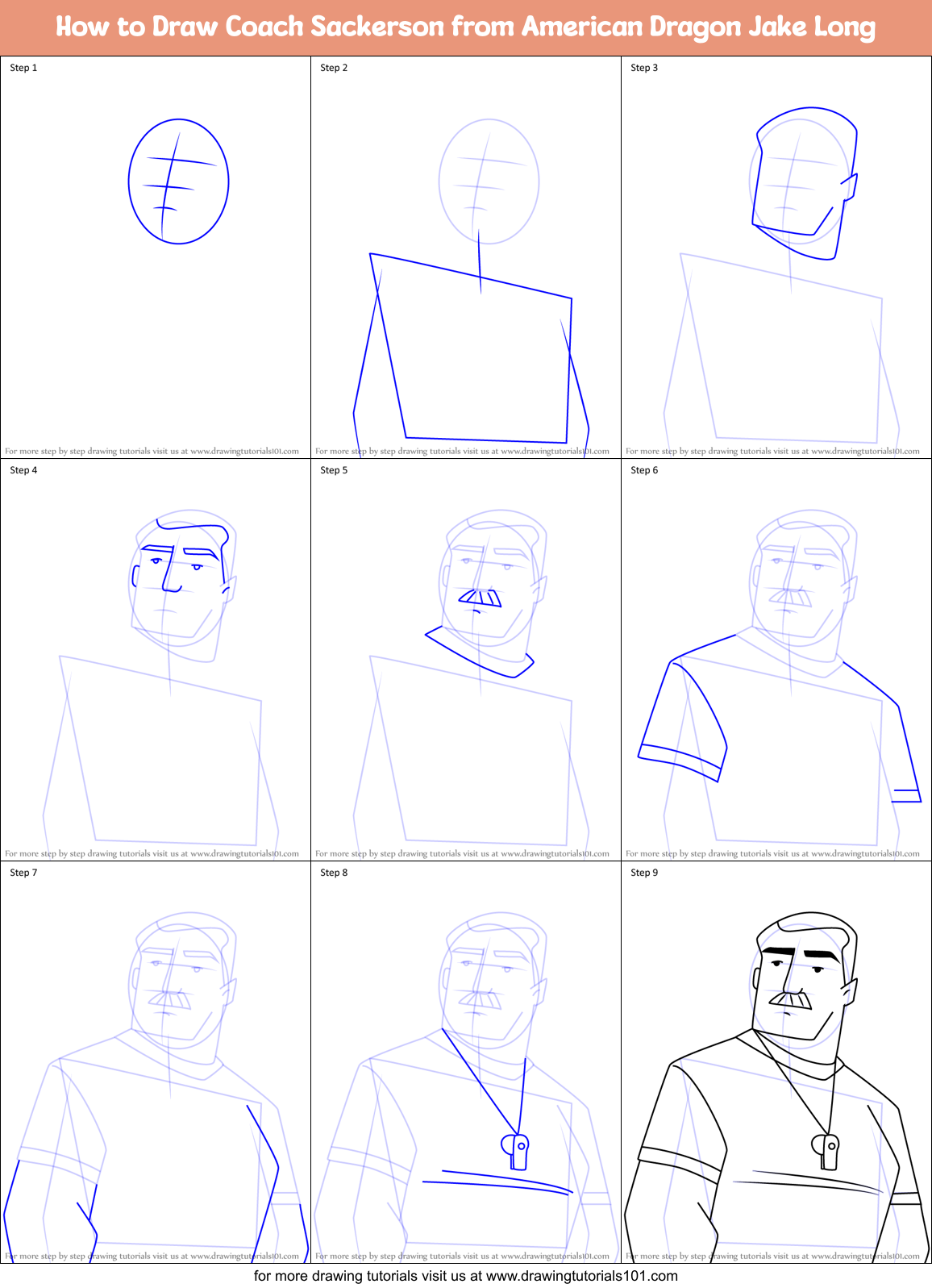 How to Draw Coach Sackerson from American Dragon Jake Long Printable Step by Step