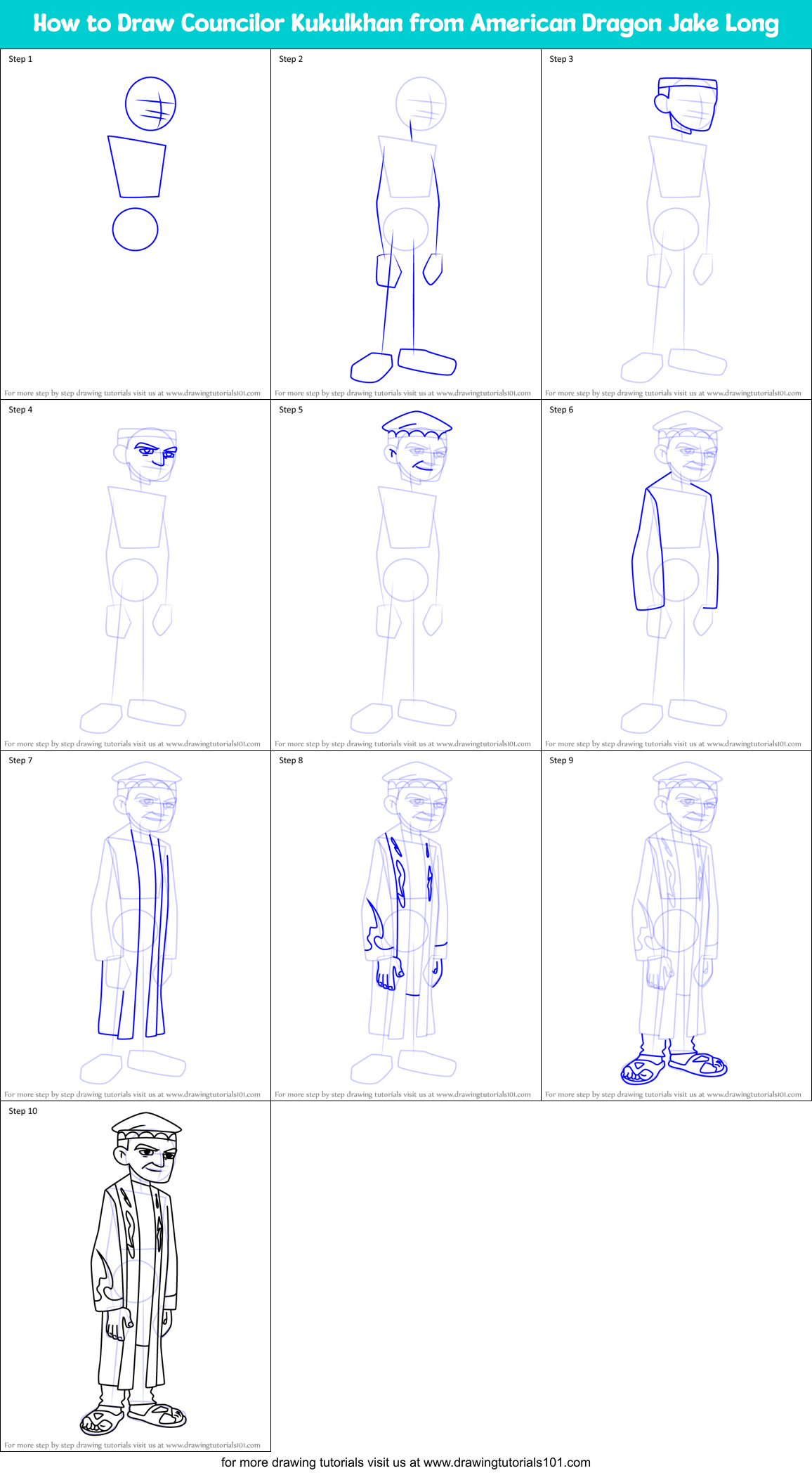 How to Draw Councilor Kukulkhan from American Dragon Jake Long Printable Step by Step
