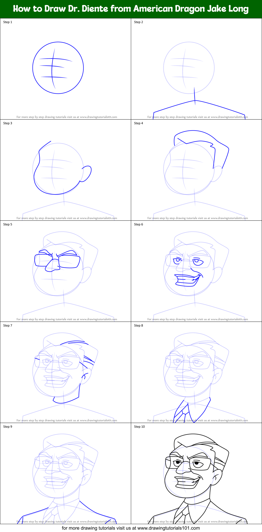 How to Draw Dr. Diente from American Dragon Jake Long Printable Step by Step