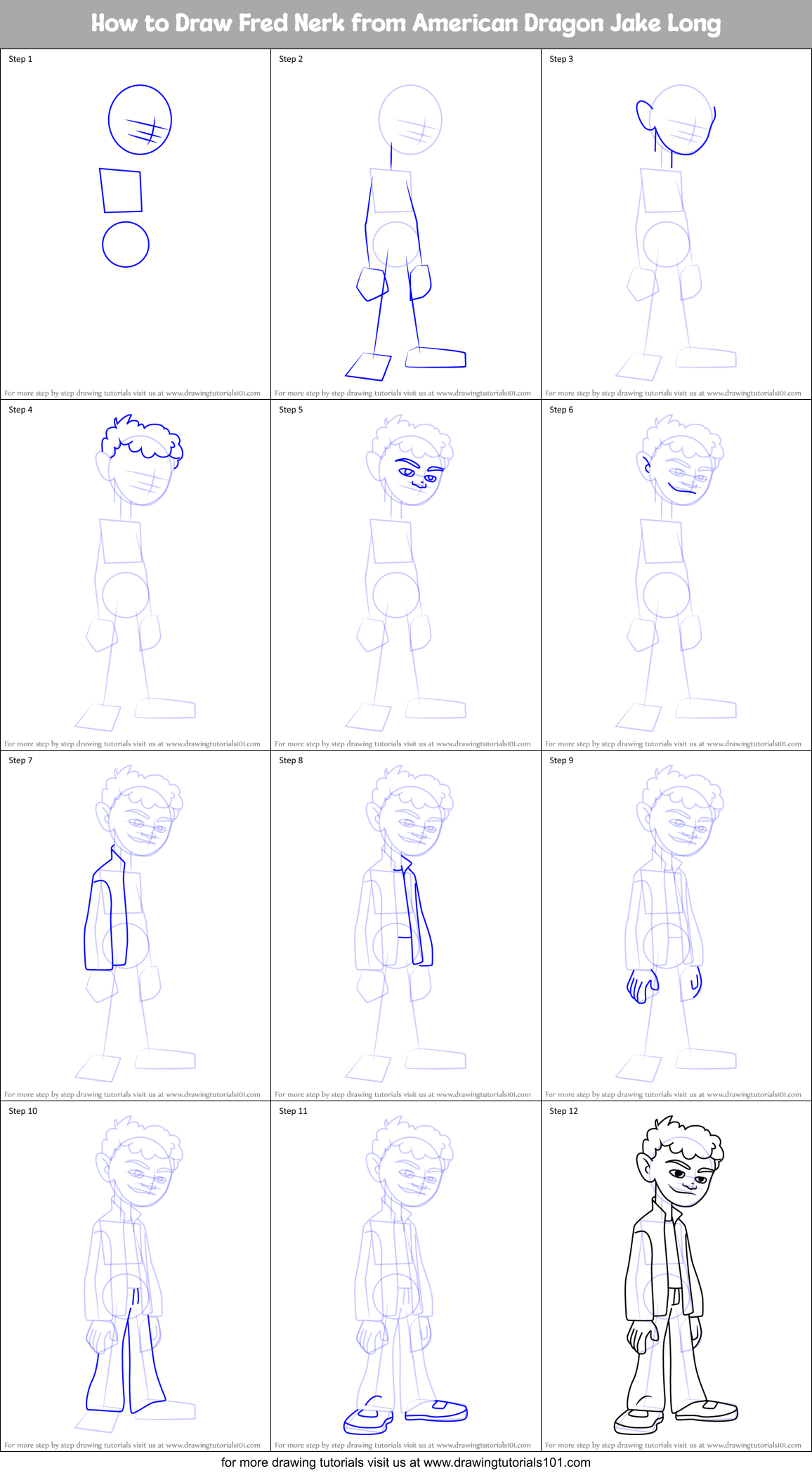 How to Draw Fred Nerk from American Dragon Jake Long Printable Step by Step