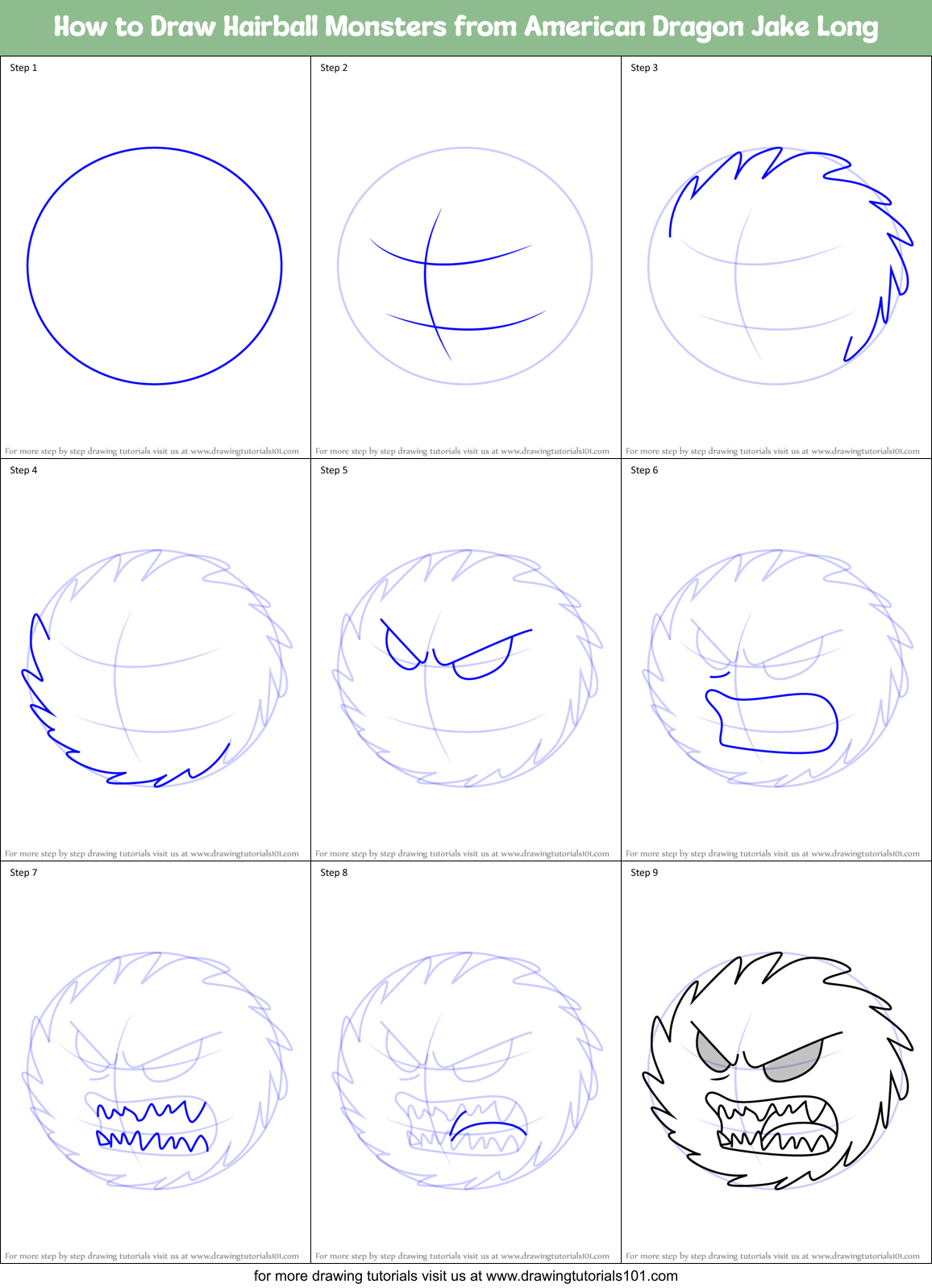 How to Draw Hairball Monsters from American Dragon Jake Long Printable Step by Step