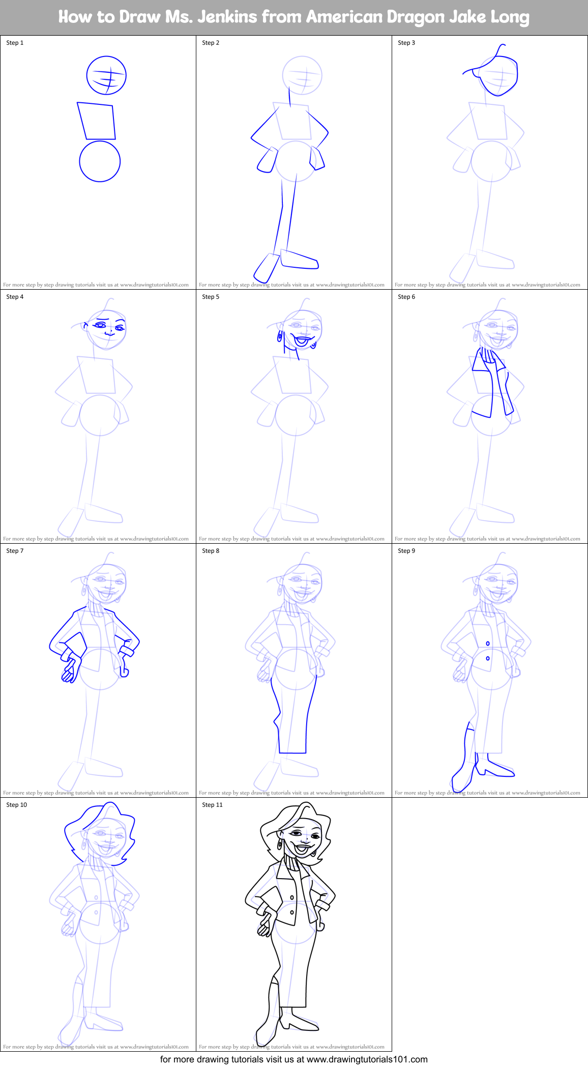 How to Draw Ms. Jenkins from American Dragon Jake Long Printable Step by Step
