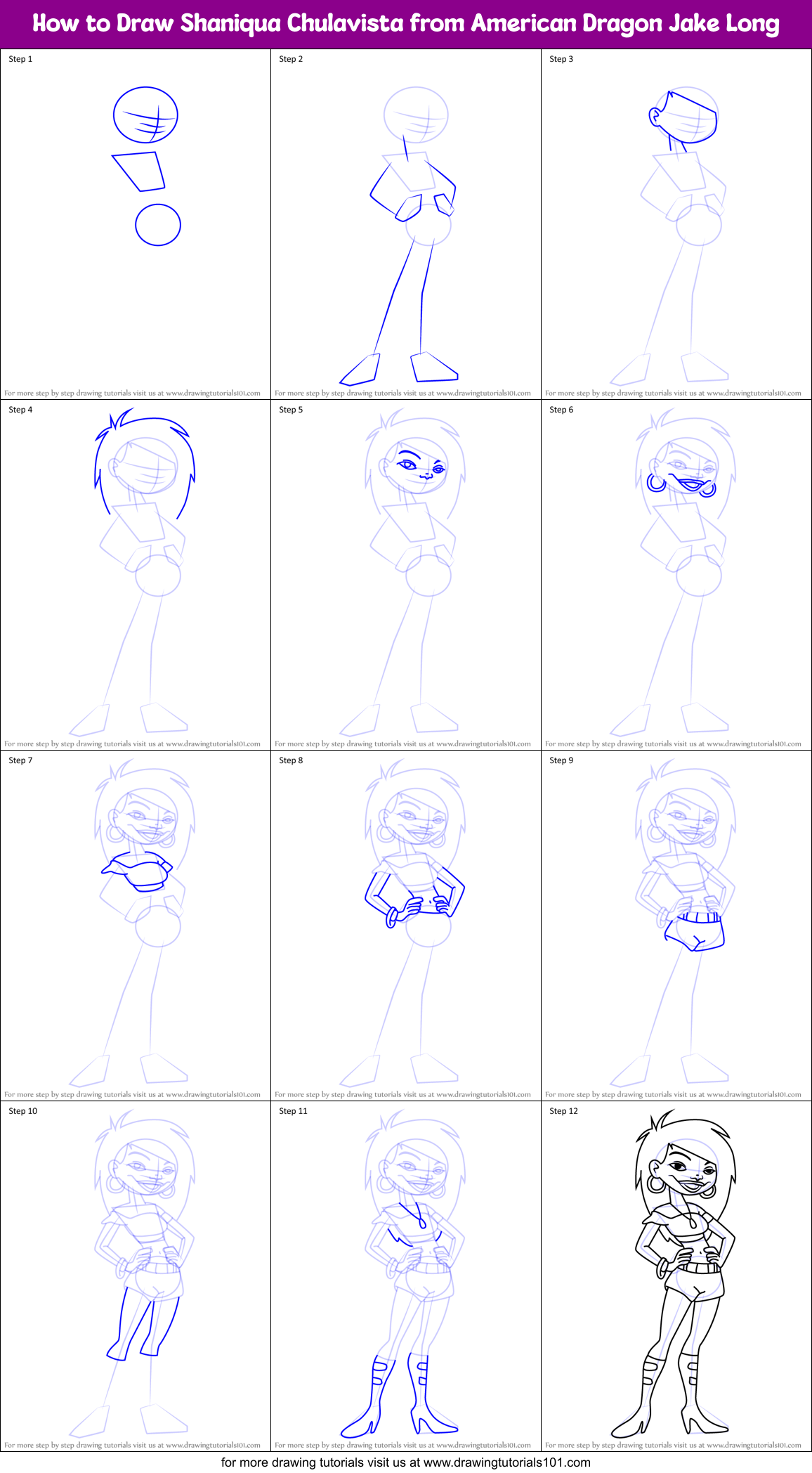 How to Draw Shaniqua Chulavista from American Dragon Jake Long Printable Step by Step
