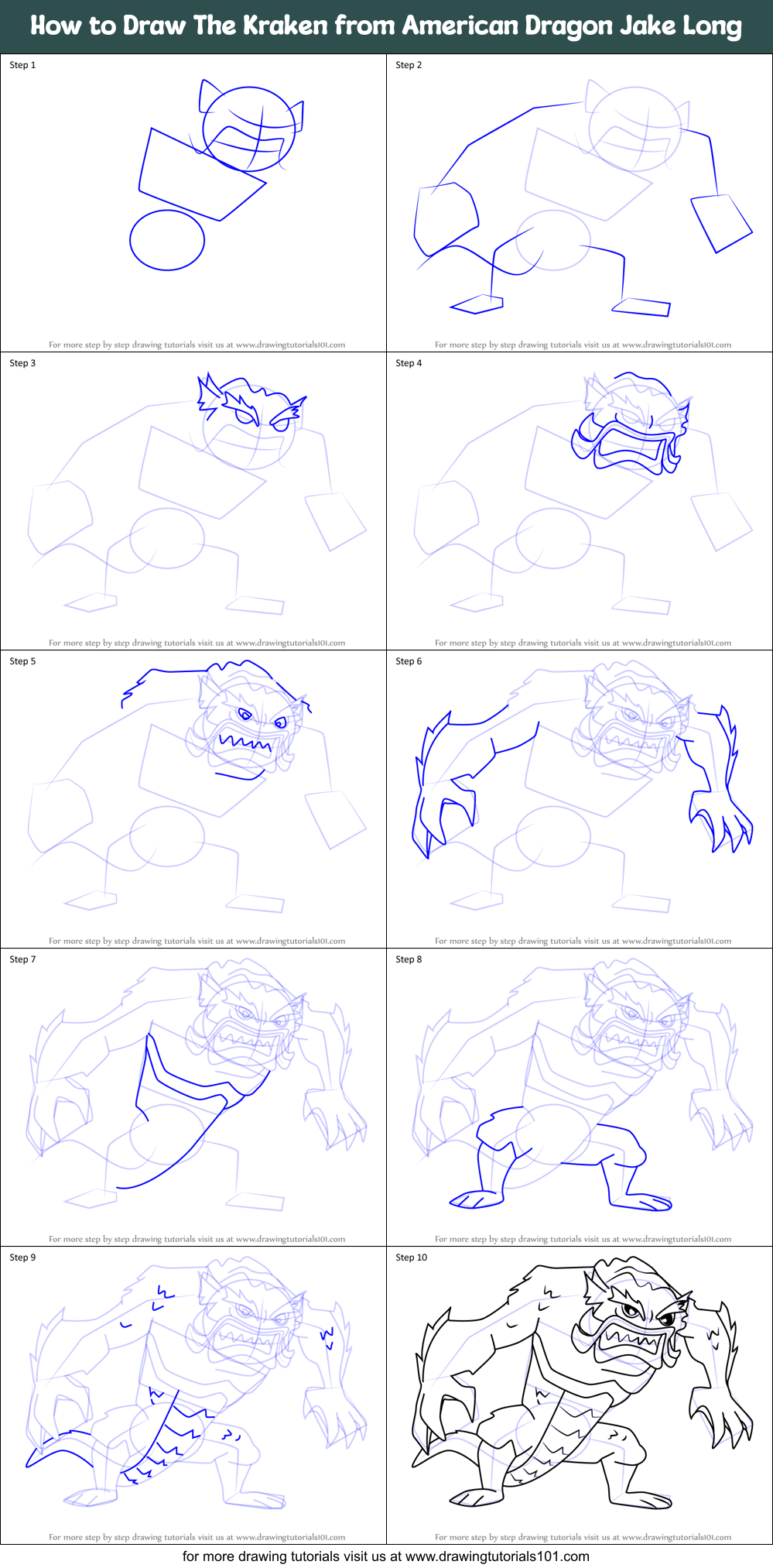 How to Draw The Kraken from American Dragon Jake Long Printable Step by Step