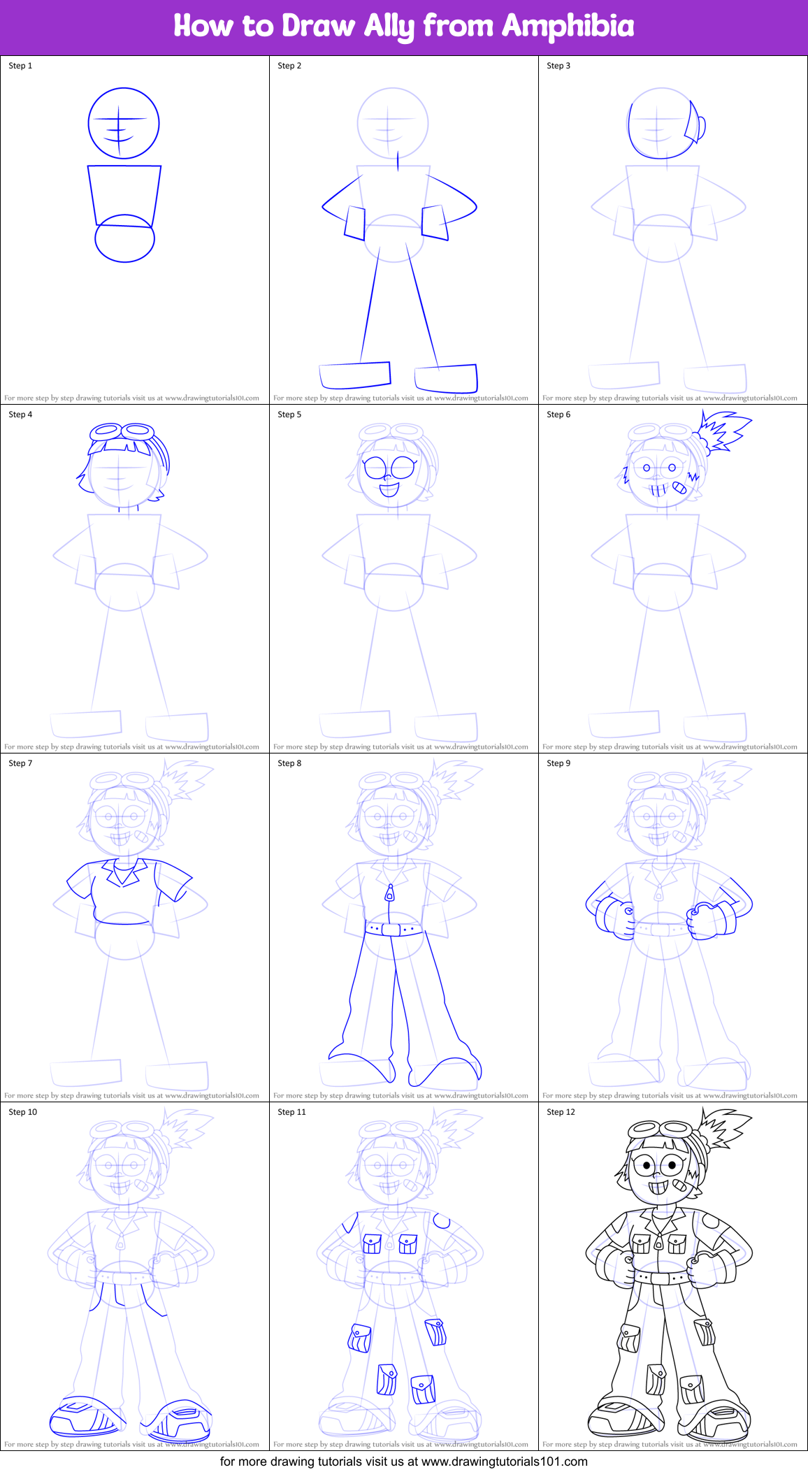How to Draw Ally from Amphibia Printable Step by Step