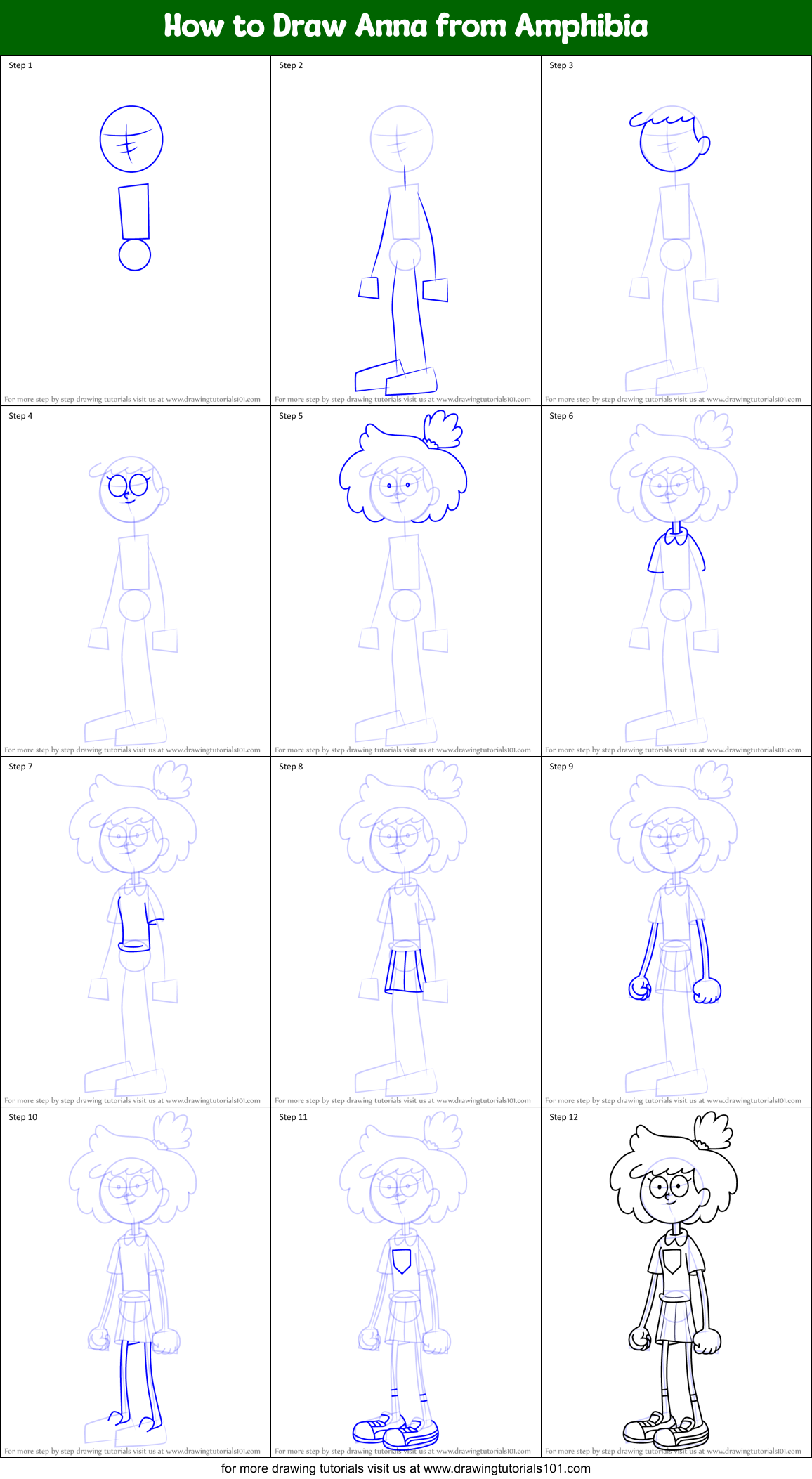 How to Draw Anna from Amphibia Printable Step by Step