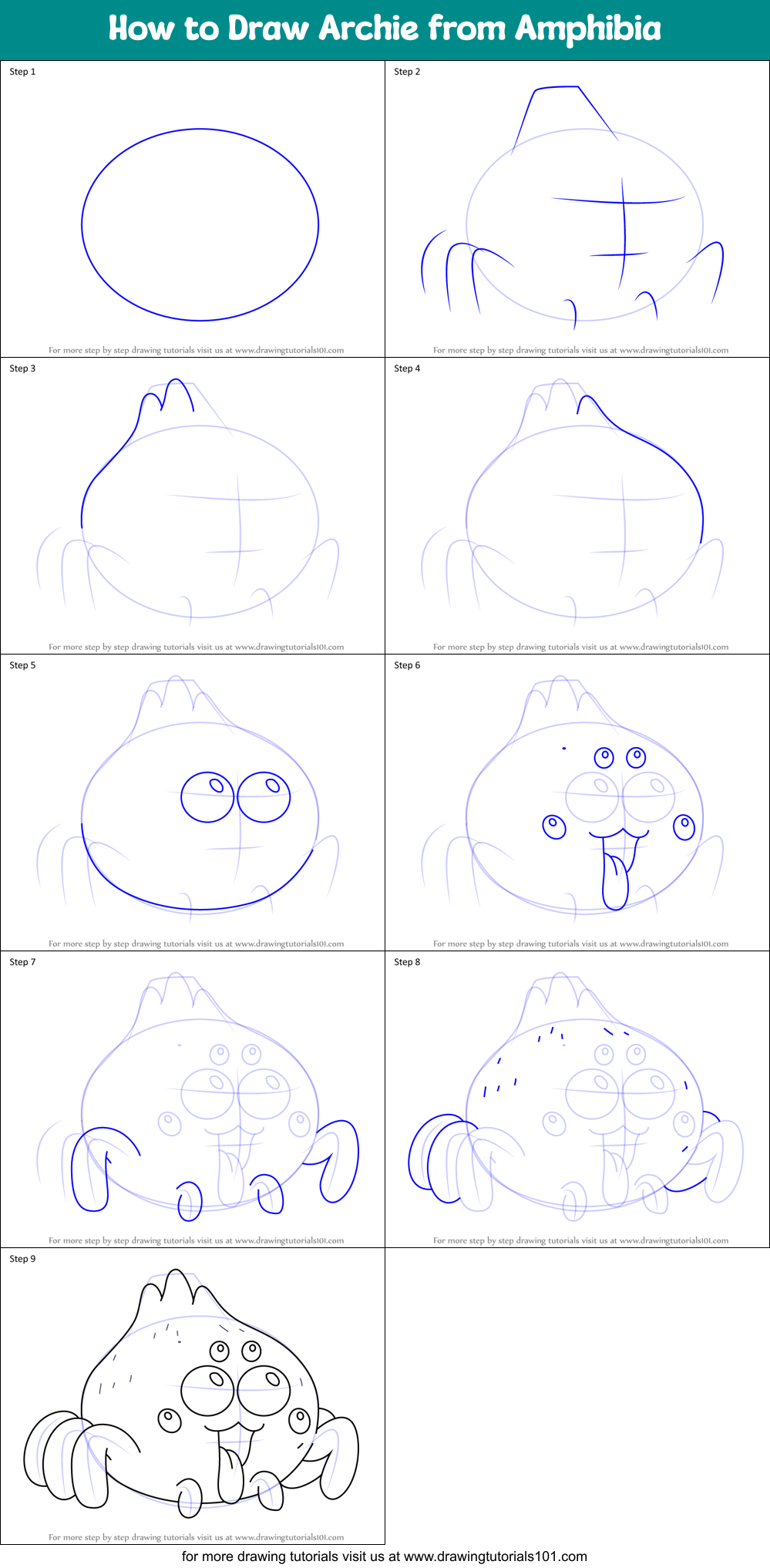How to Draw Archie from Amphibia Printable Step by Step