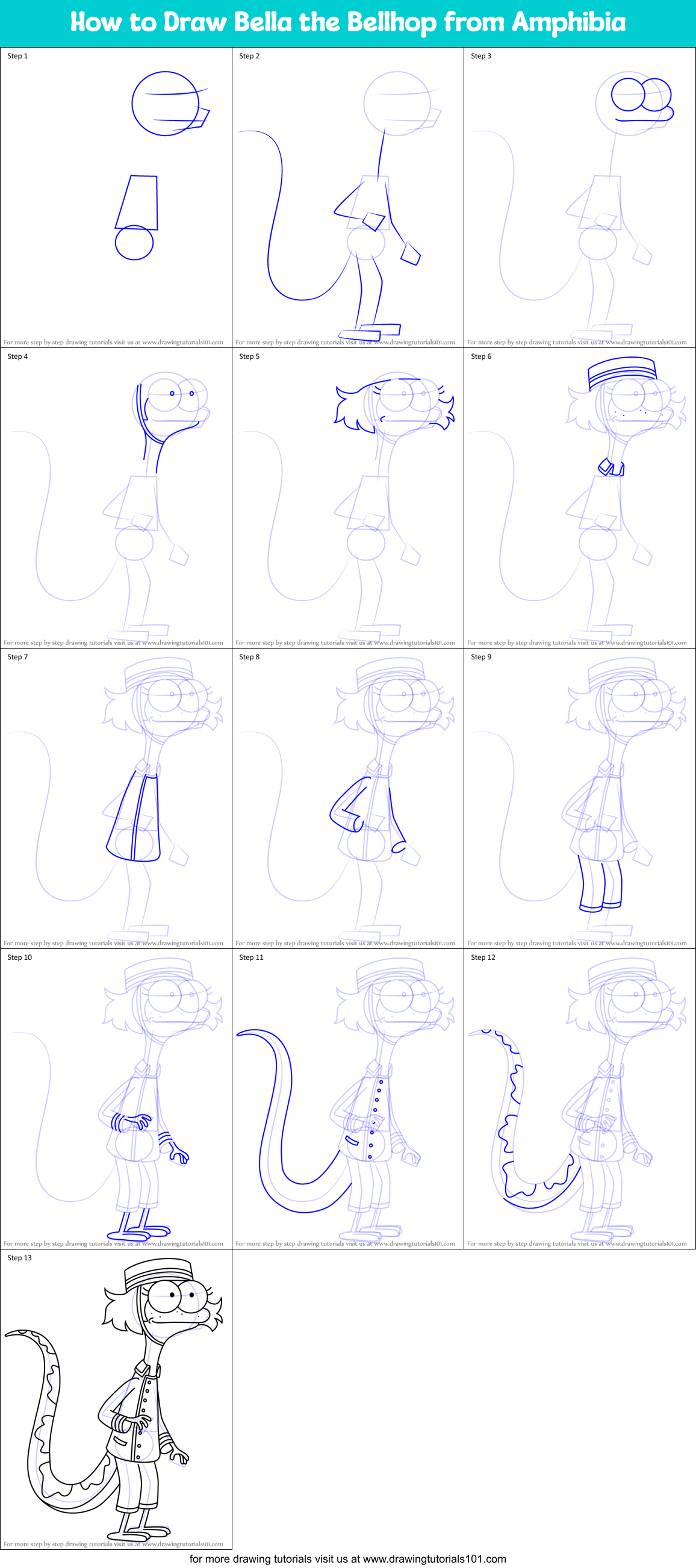 How to Draw Bella the Bellhop from Amphibia Printable Step by Step