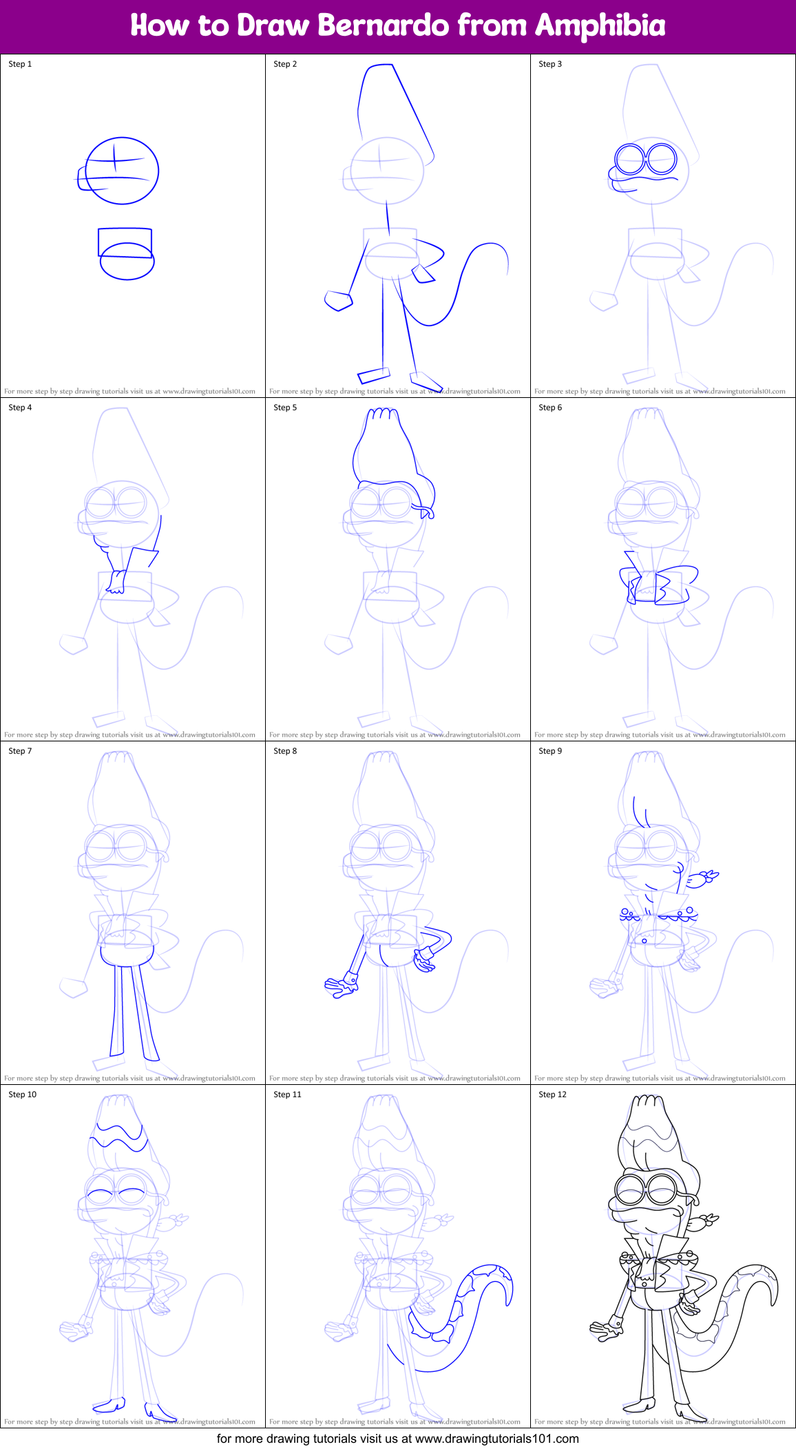 How to Draw Bernardo from Amphibia Printable Step by Step